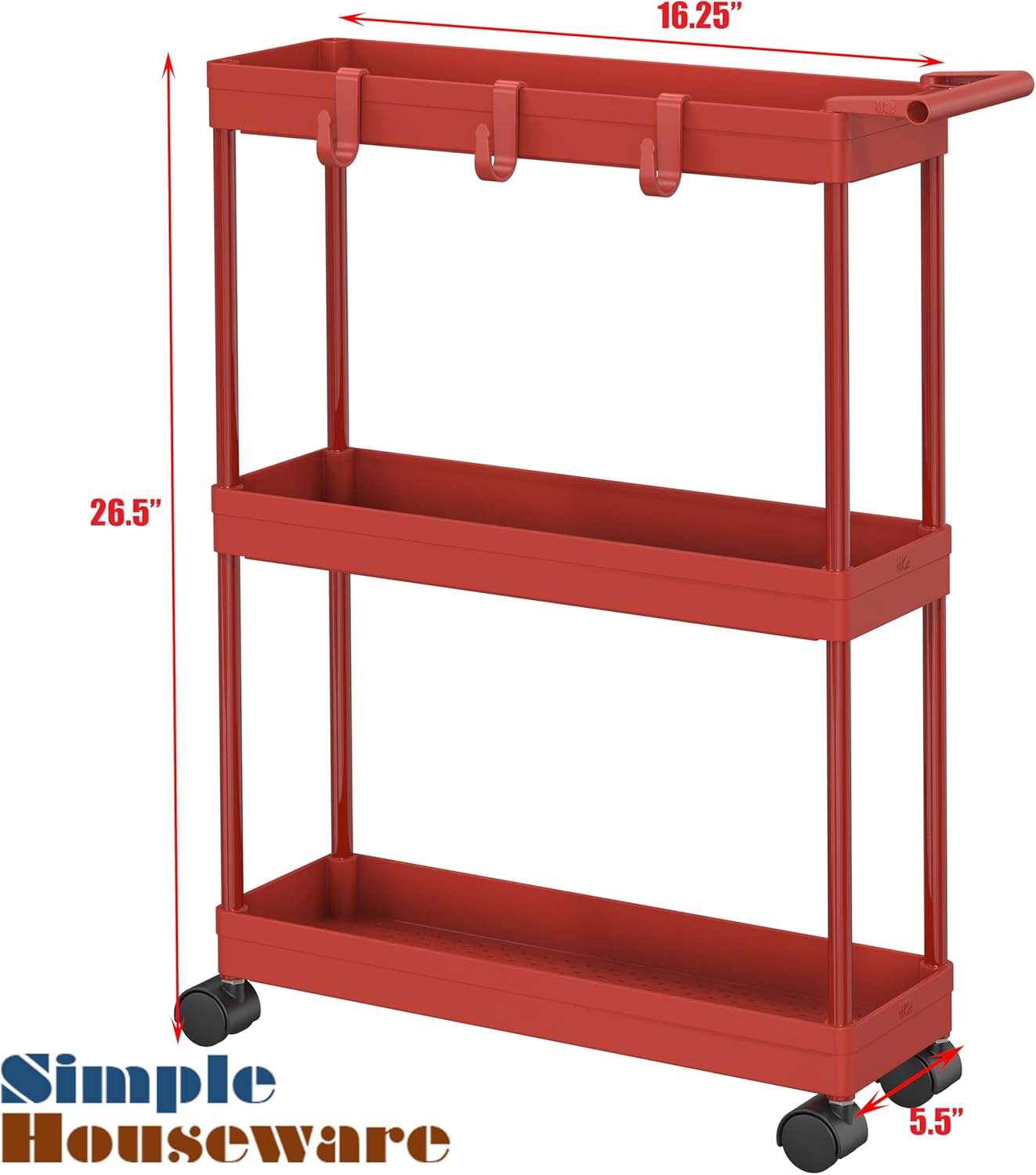 Simple Houseware Carrito de cocina de almacenamiento de 3 niveles delgadossúper estrechos estantes con asa, 26.5 pulgadas de altura5.5 pulgadas de