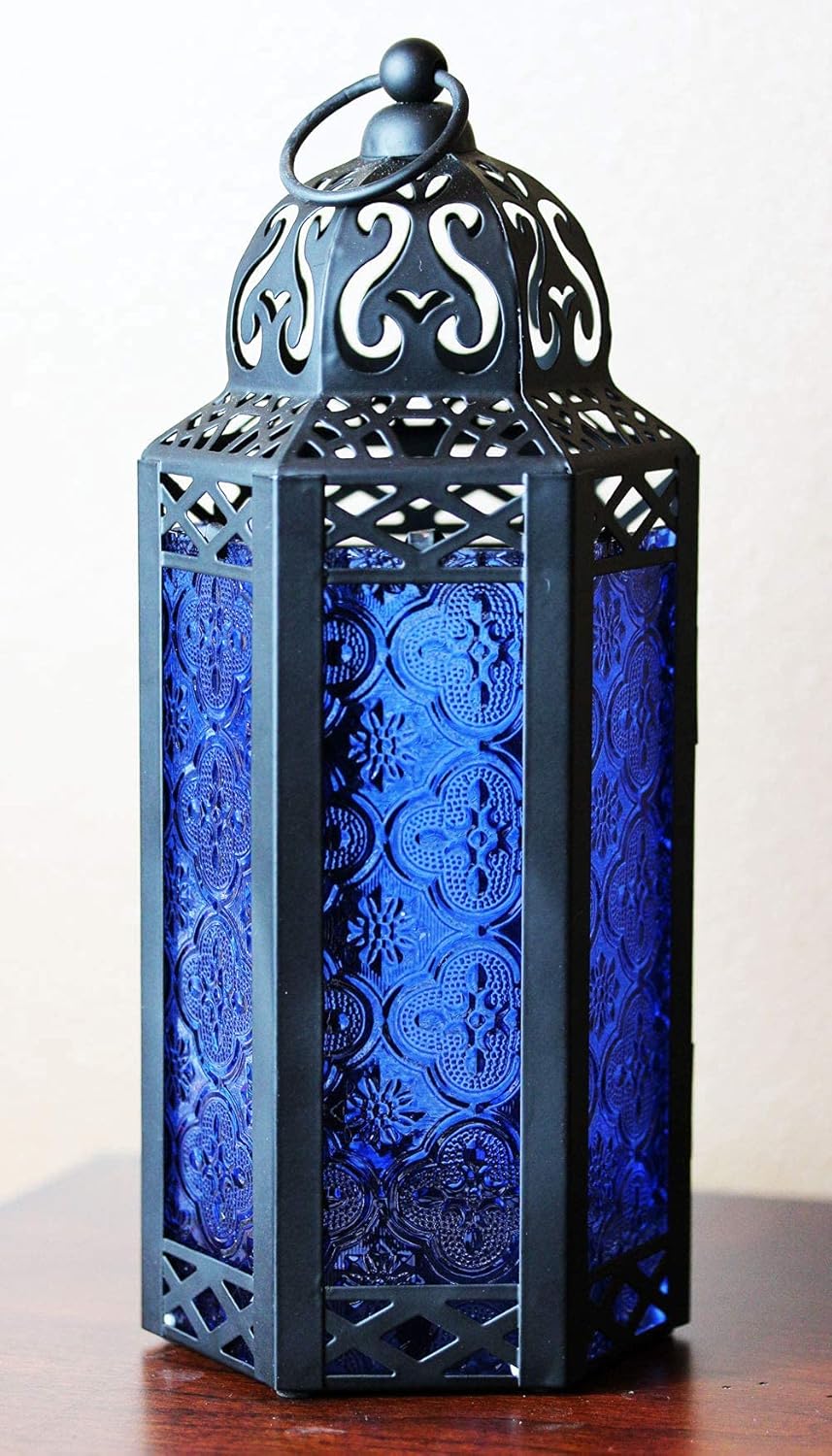 VELA LANTERNS – Faroles portavelas decorativos, guirnalda de luces LED incluidas, color cobalto, medianos