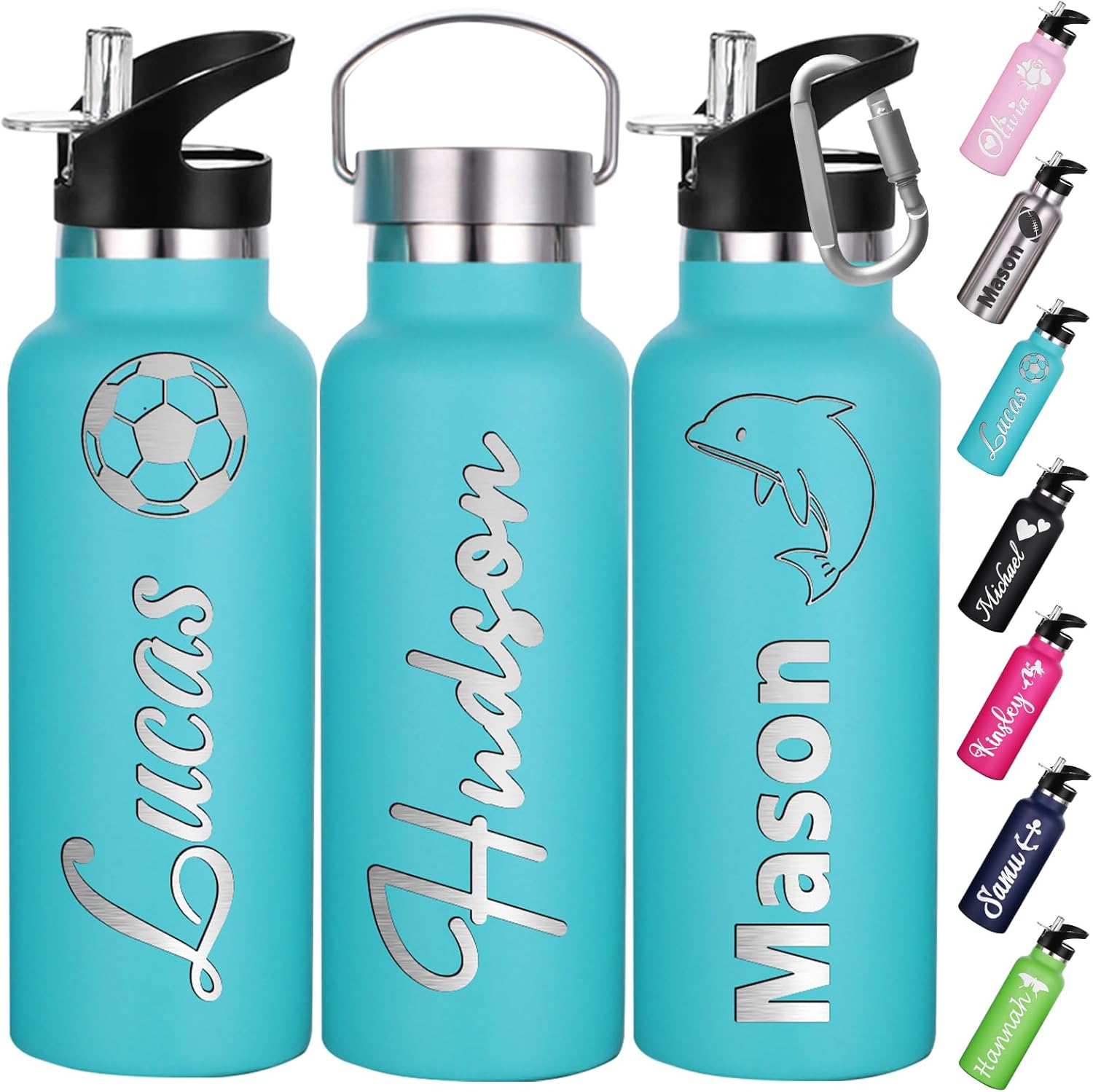 Botellas de agua personalizadas con tapa de popote de 1226 onzas con nombre grabado, logotipo, botella aislada personalizada, botellas de agua de