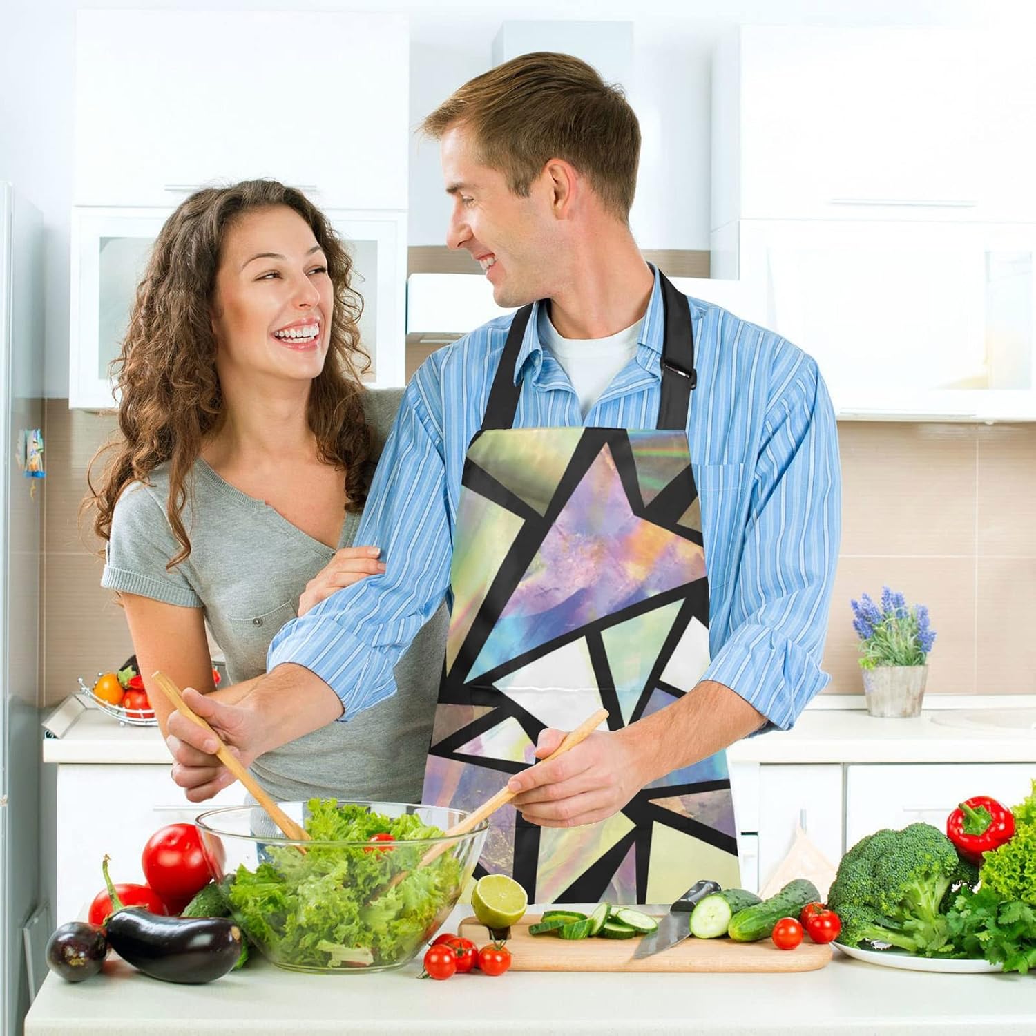 xigua Juego de ropa de cocina con triángulos iridiscentes, delantal de cocina abstracto, 2 agarraderas, 2 guantes de horno, accesorios de cocina
