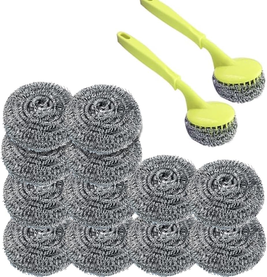 Juego de esponjas de acero inoxidable con 2 asas, depurador de limpieza de metal, bolas reutilizables resistentes para limpieza de cocina, baño,