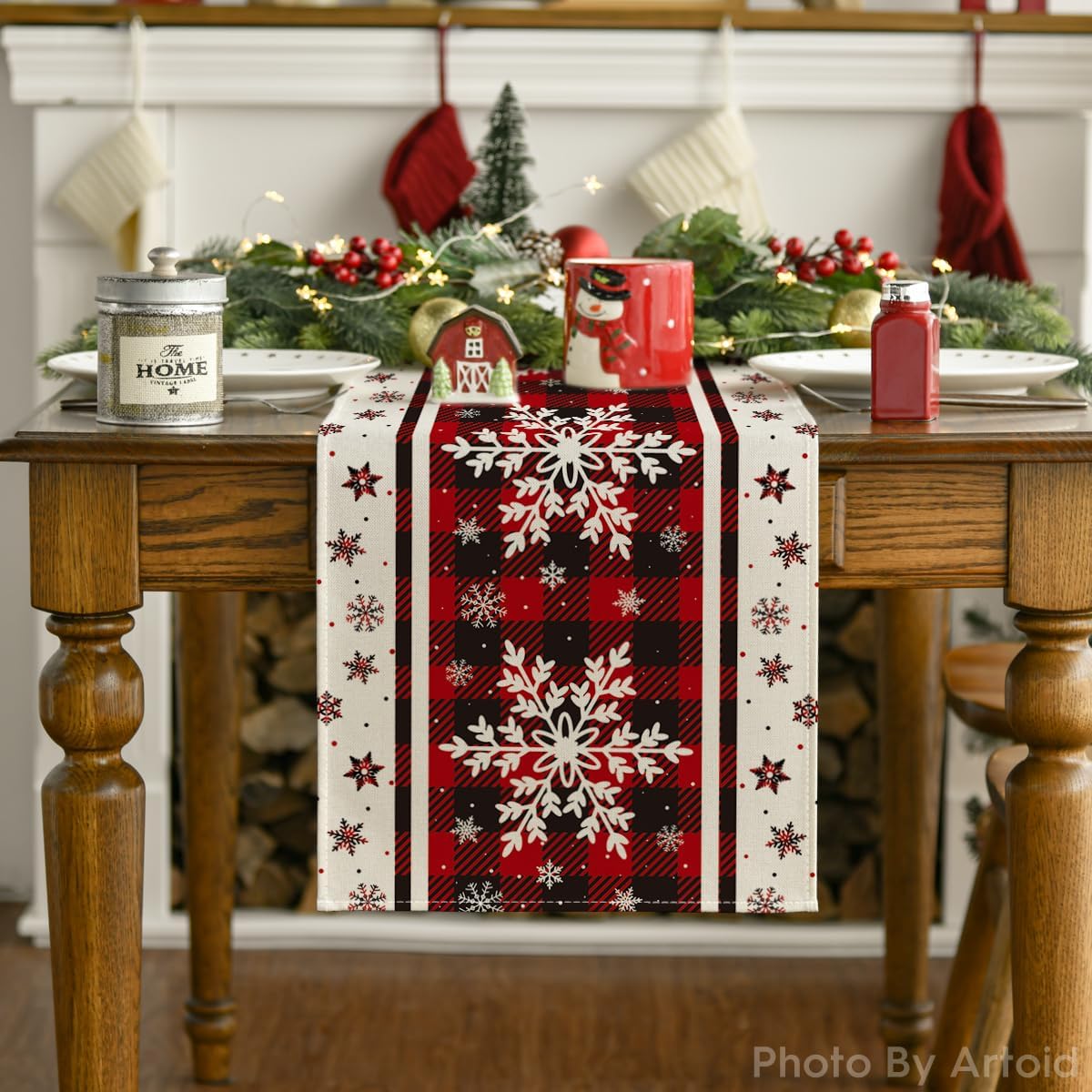 Artoid Mode Camino de mesa de Navidad con copos de nieve a cuadros, decoración de mesa de comedor de cocina de invierno para decoración de fiesta en
