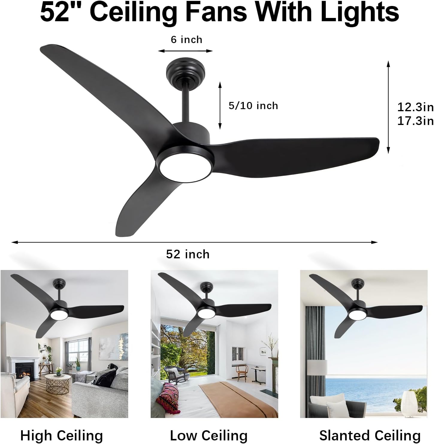Ventilador de techo negro con control remoto de luz, 52 pulgadas, 6 velocidades, motor silencioso reversible, 3CCT, regulable, LED, temporizador,