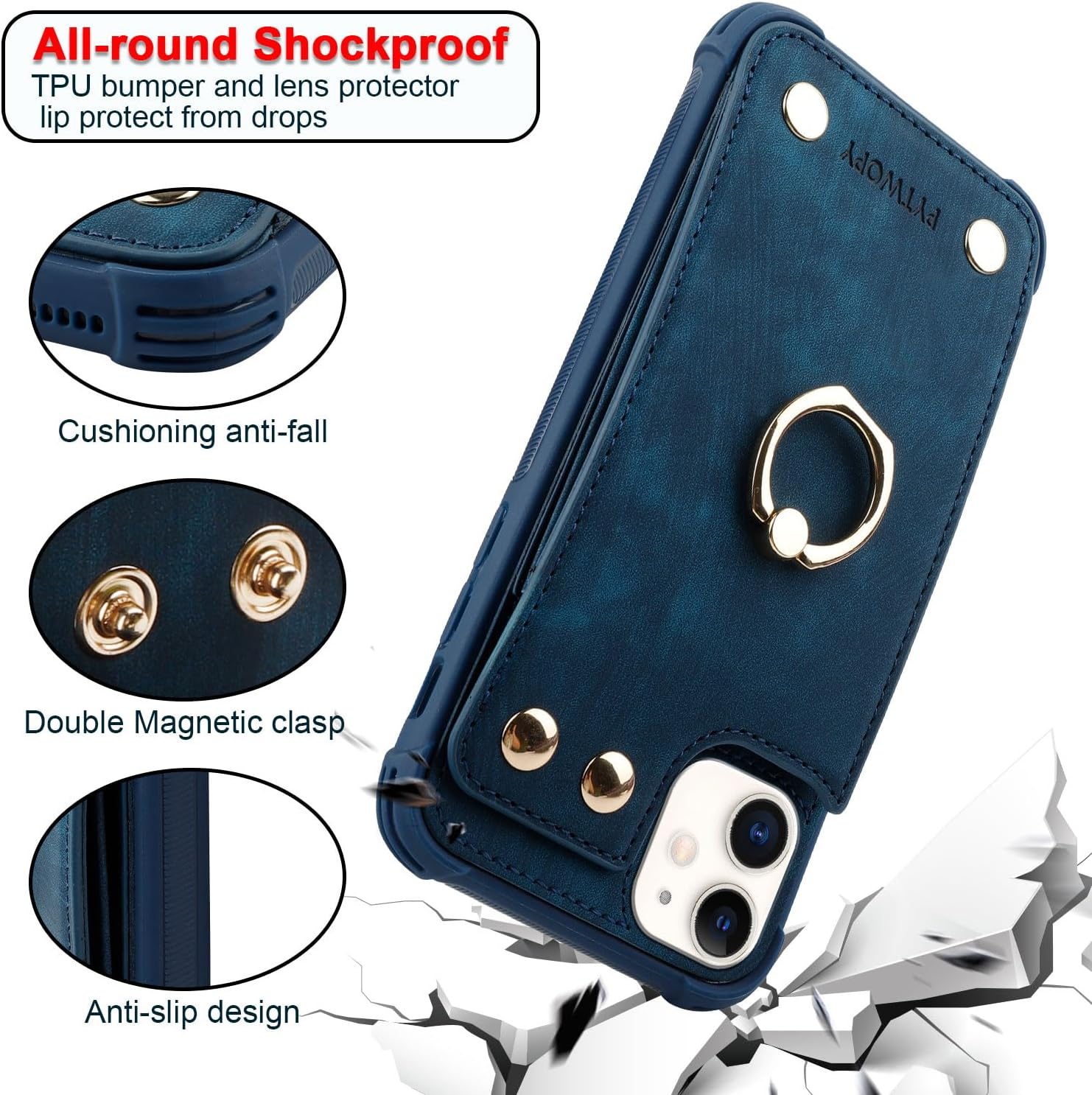 Funda tipo cartera para iPhone 12 Pro12 con tarjetero de crédito, funda protectora de cuero a prueba de golpes que soporta soporte de anillo de
