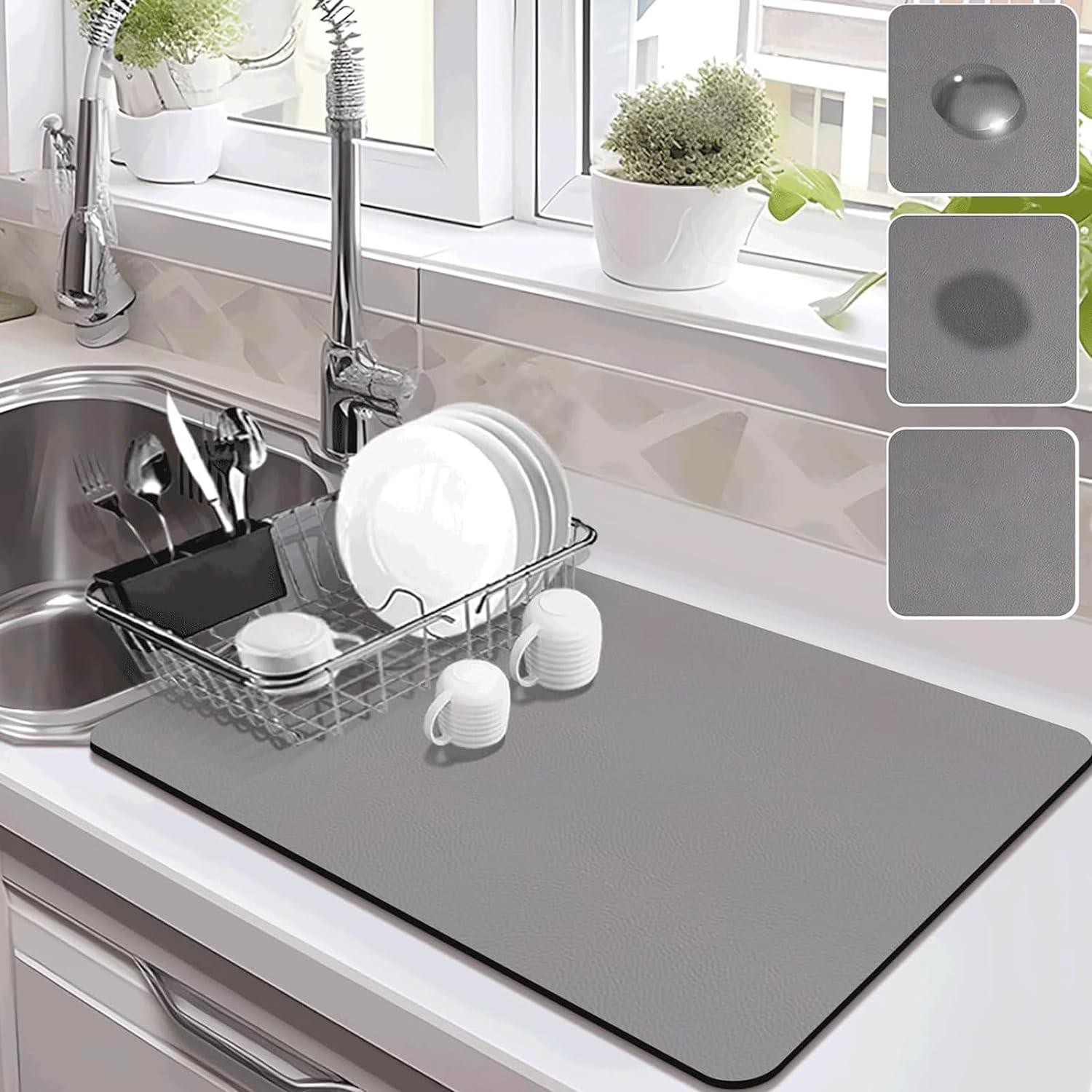 Tapete de secado de platos para encimeras de cocina, tapete de secado absorbente, tapete de secado de platos grande para encimera de cocina, tapete
