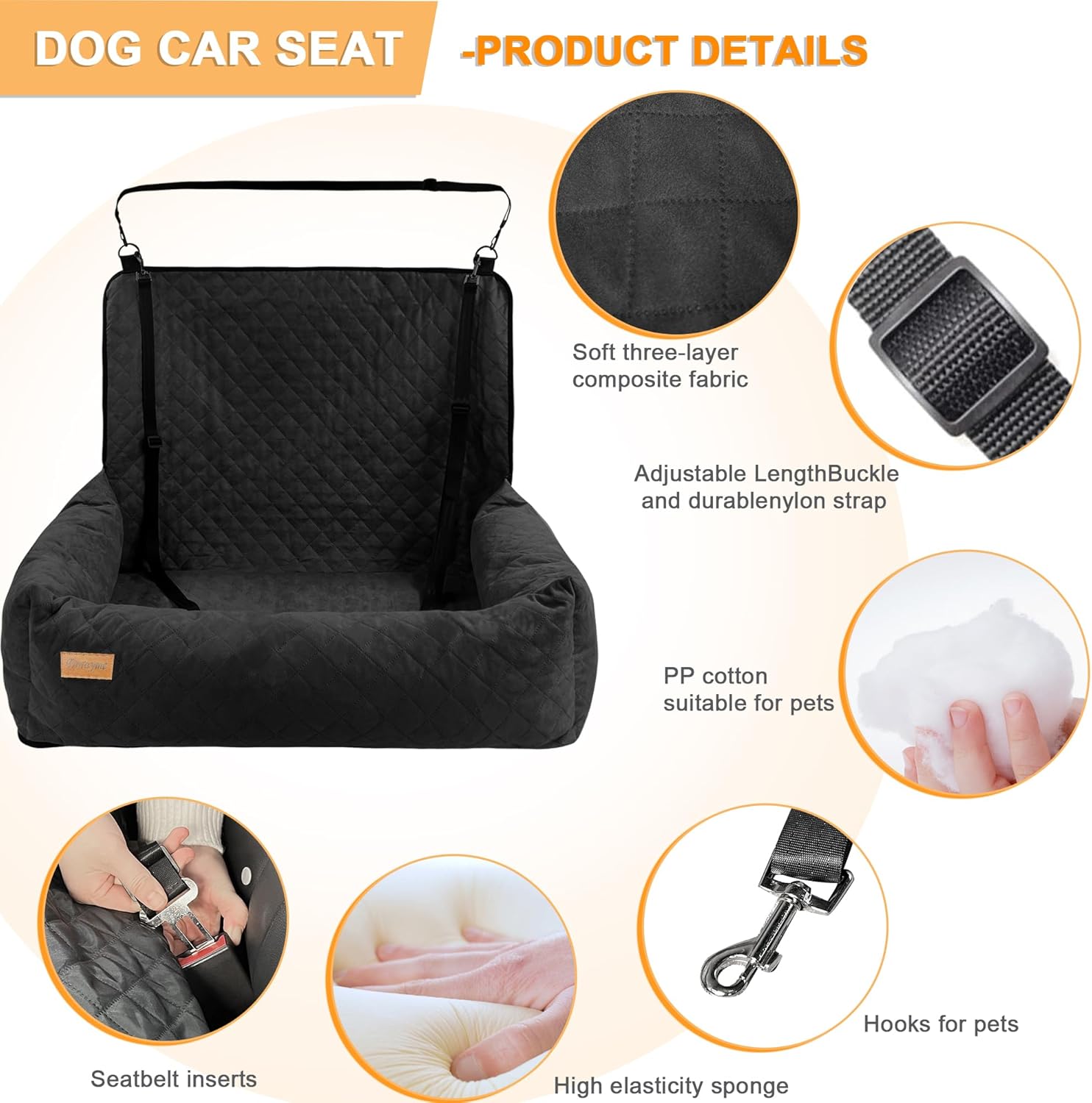 Asiento de automóvil para perros medianos o 2 perros pequeños, cama de automóvil para perros, asiento de automóvil lavable para mascotas con tela de
