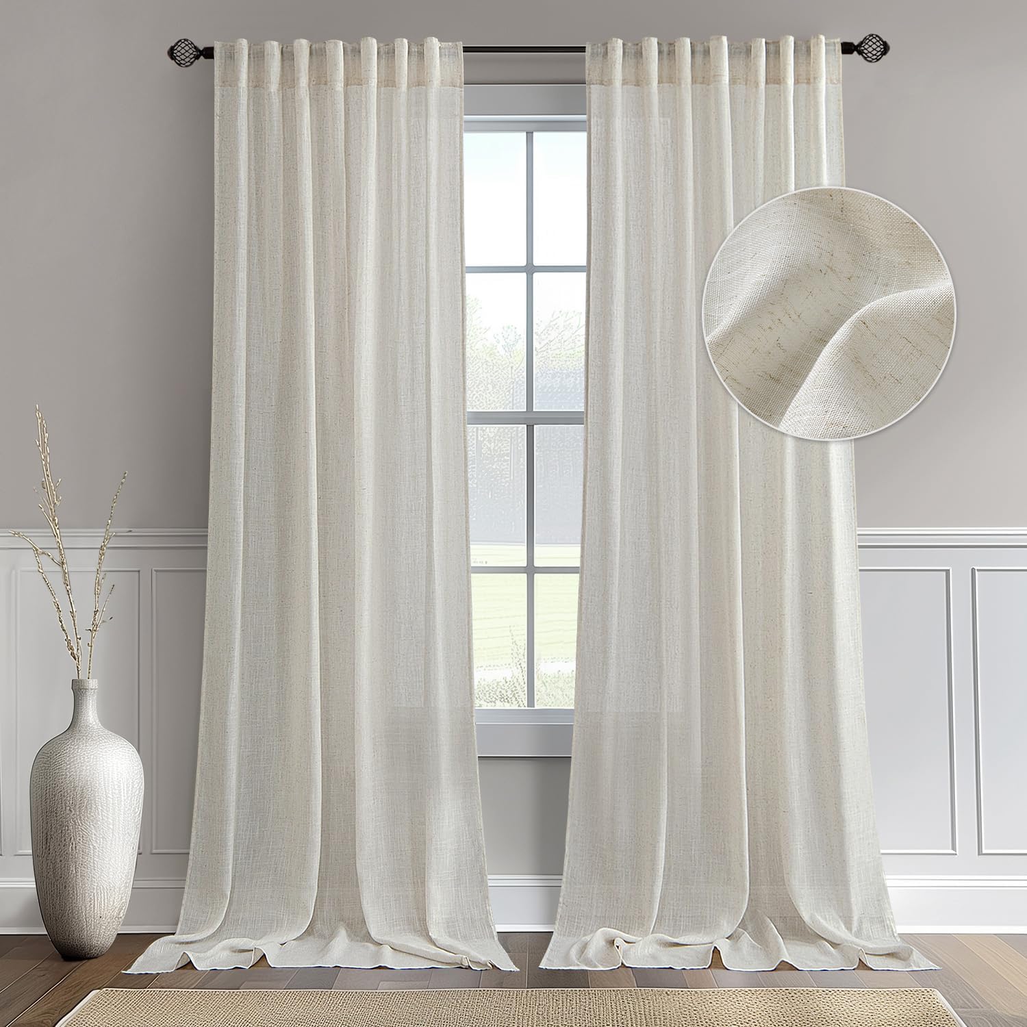MIULEE Cortinas de lino de 96 pulgadas de largo para sala de estar, 2 paneles, bolsillo para barra de cortina de marfil natural, con pestaña