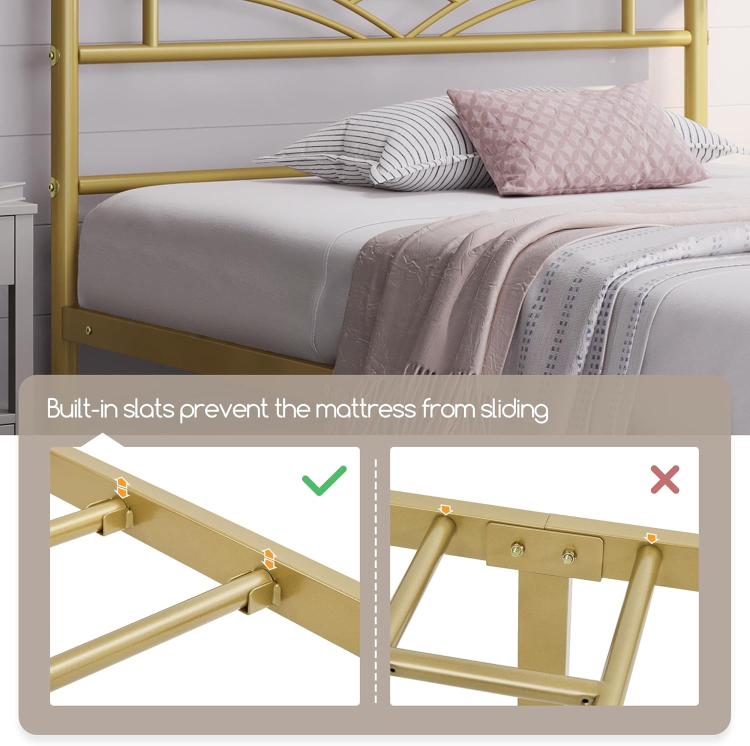 Yaheetech Base de cama de tamaño individual con plataforma de metal con cabecera, estribo, amplio almacenamiento debajo de la cama, no necesita