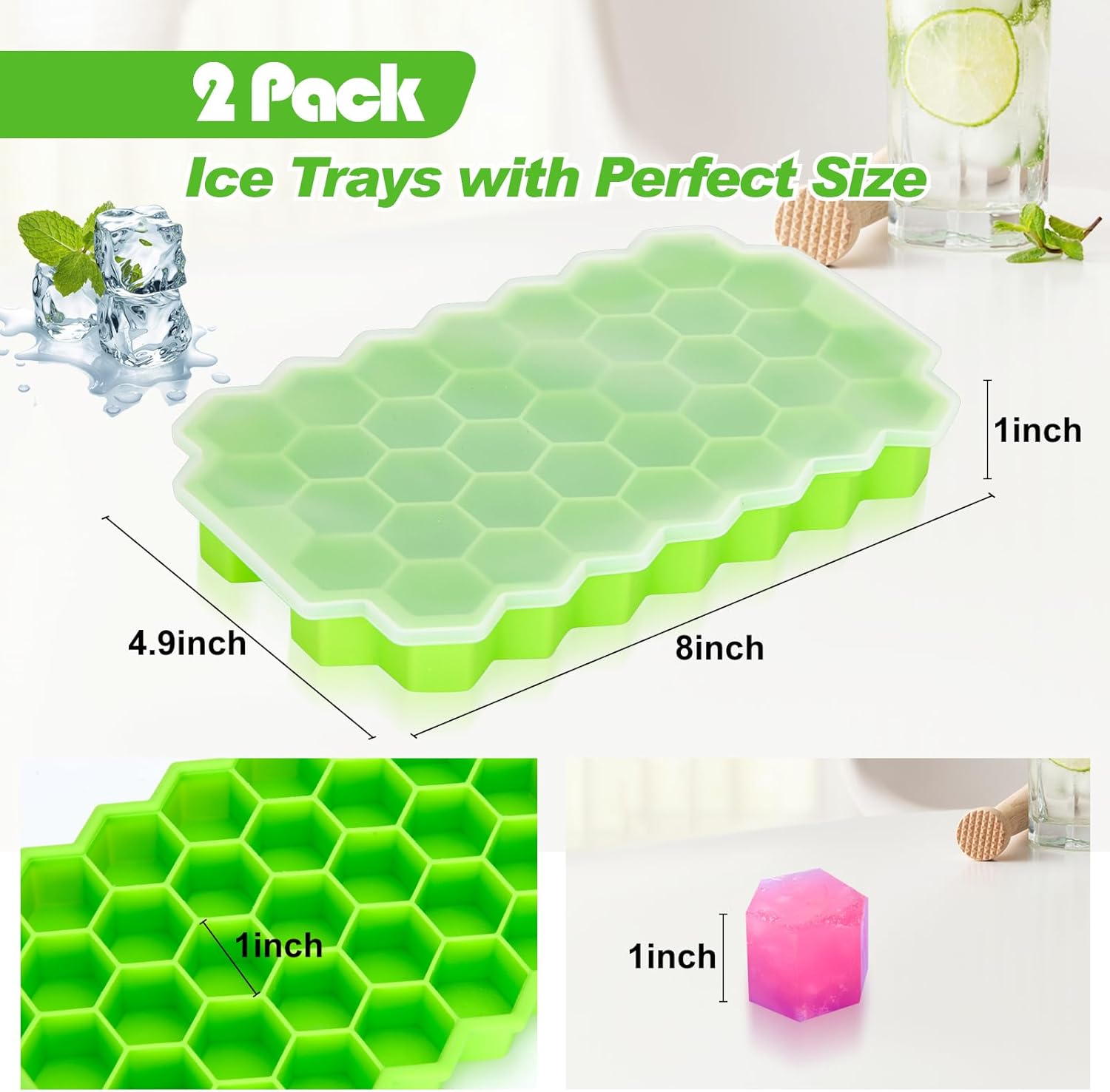 Bandeja para cubitos de hielo mejorada, paquete de 2 bandejas flexibles de silicona para cubitos de hielo, cubitos de hielo reutilizables de fácil