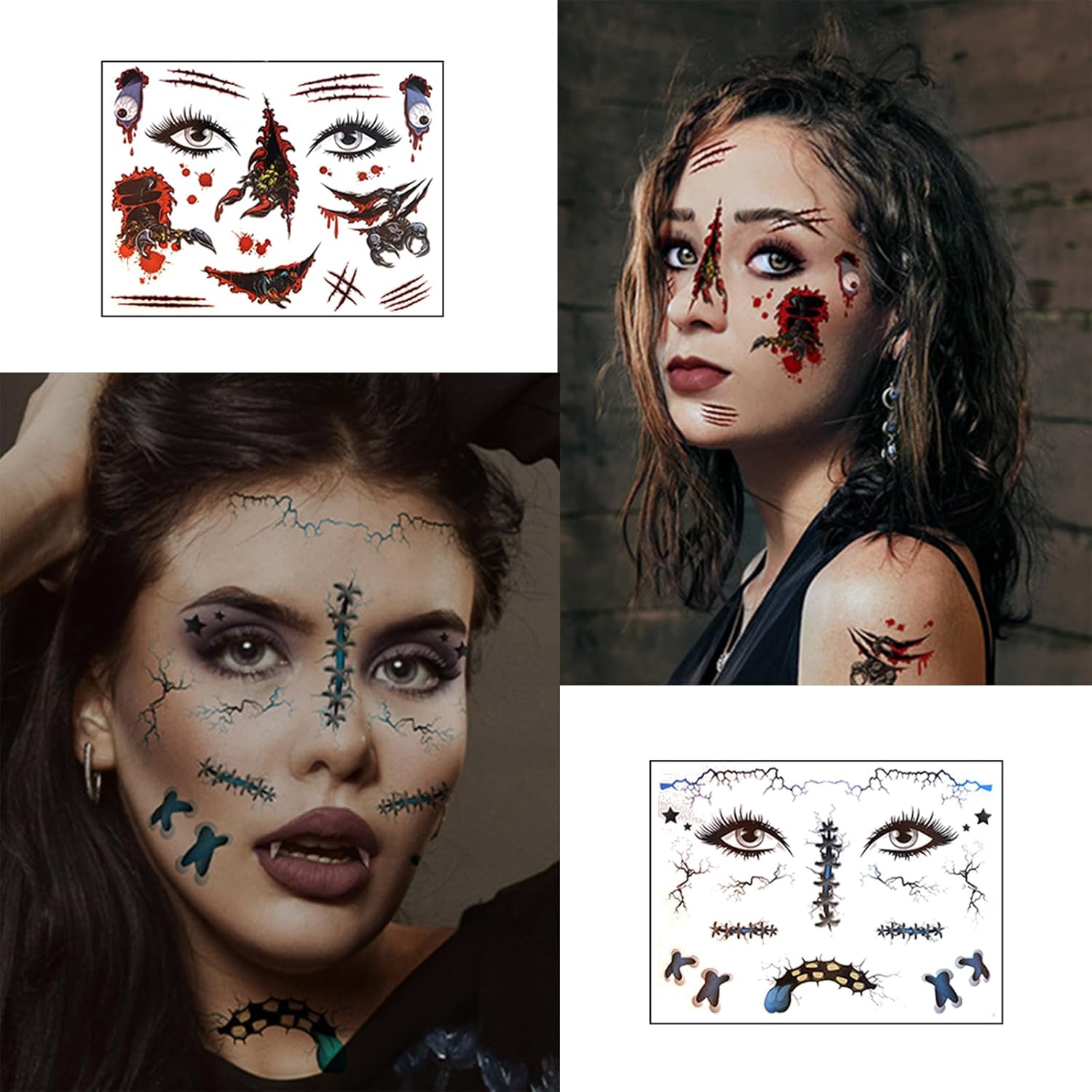8 piezas de tatuajes faciales de Halloween, de terror, realista, falsa herida sangrienta, cicatriz, impermeable, temporal, tatuaje, calcomanías de