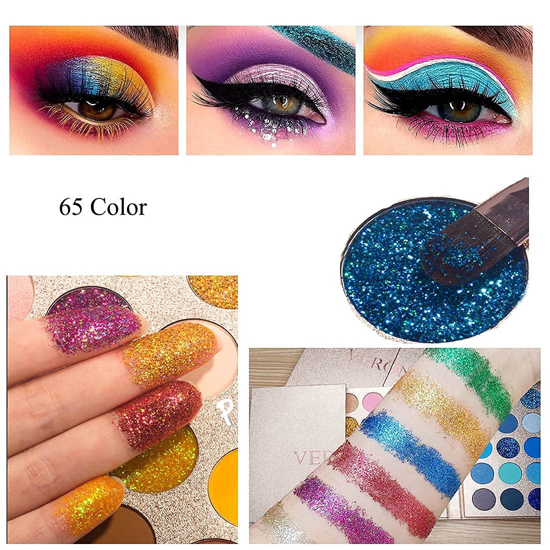 VERONNI Paleta de sombras de ojos profesional de 65 colores, altamente pigmentada con purpurina metálica brillante mate, ultra mezclable, color