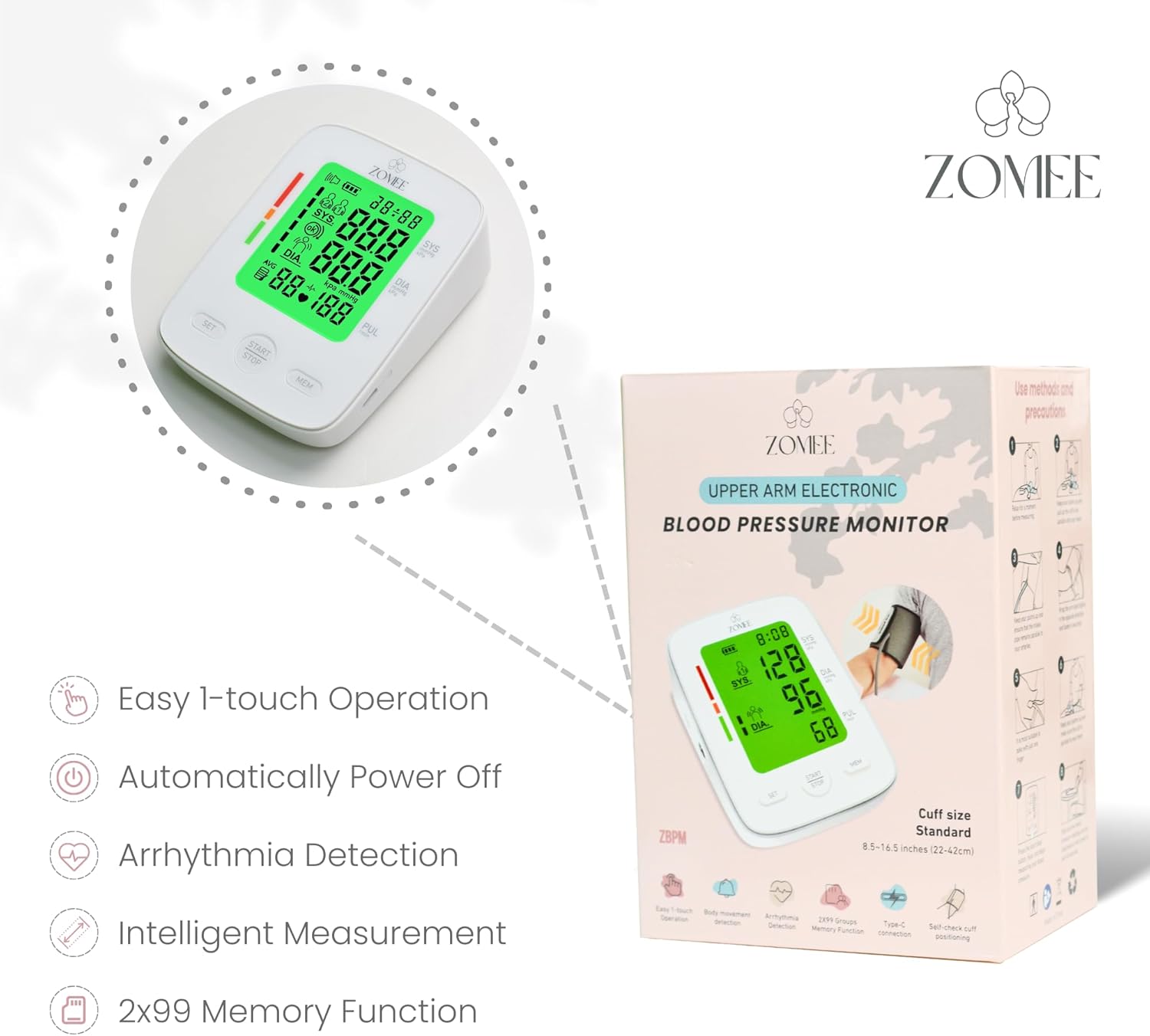 Zomee Monitor de presión arterial de brazo superior con transmisión de voz BP precisa, pantalla grande LCD, 2 x 99 memorias fáciles de 1 toque,