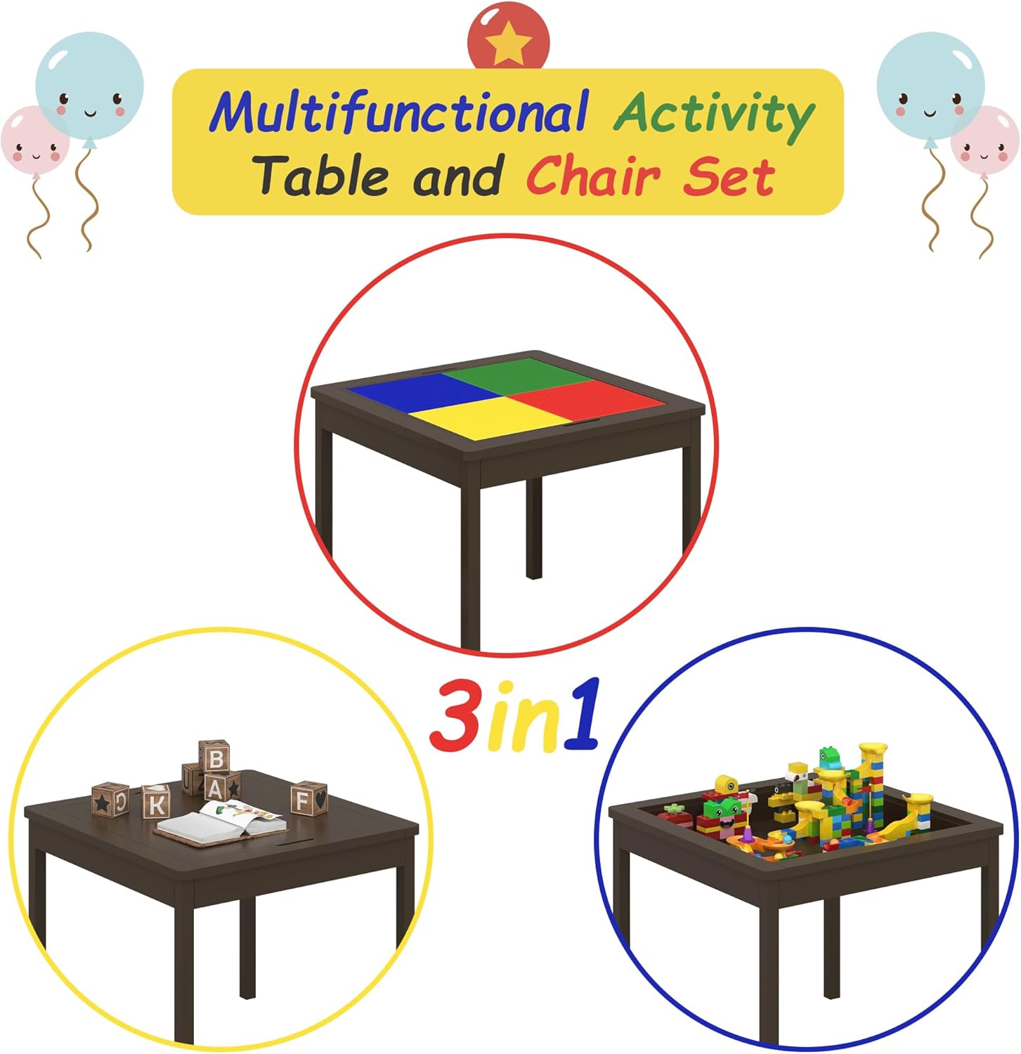 4NM Juego de mesa de juego 3 en 1 para niños y 2 sillas con almacenamiento, compatible con Lego y Duplo Bricks, mesa de madera para niños pequeños,