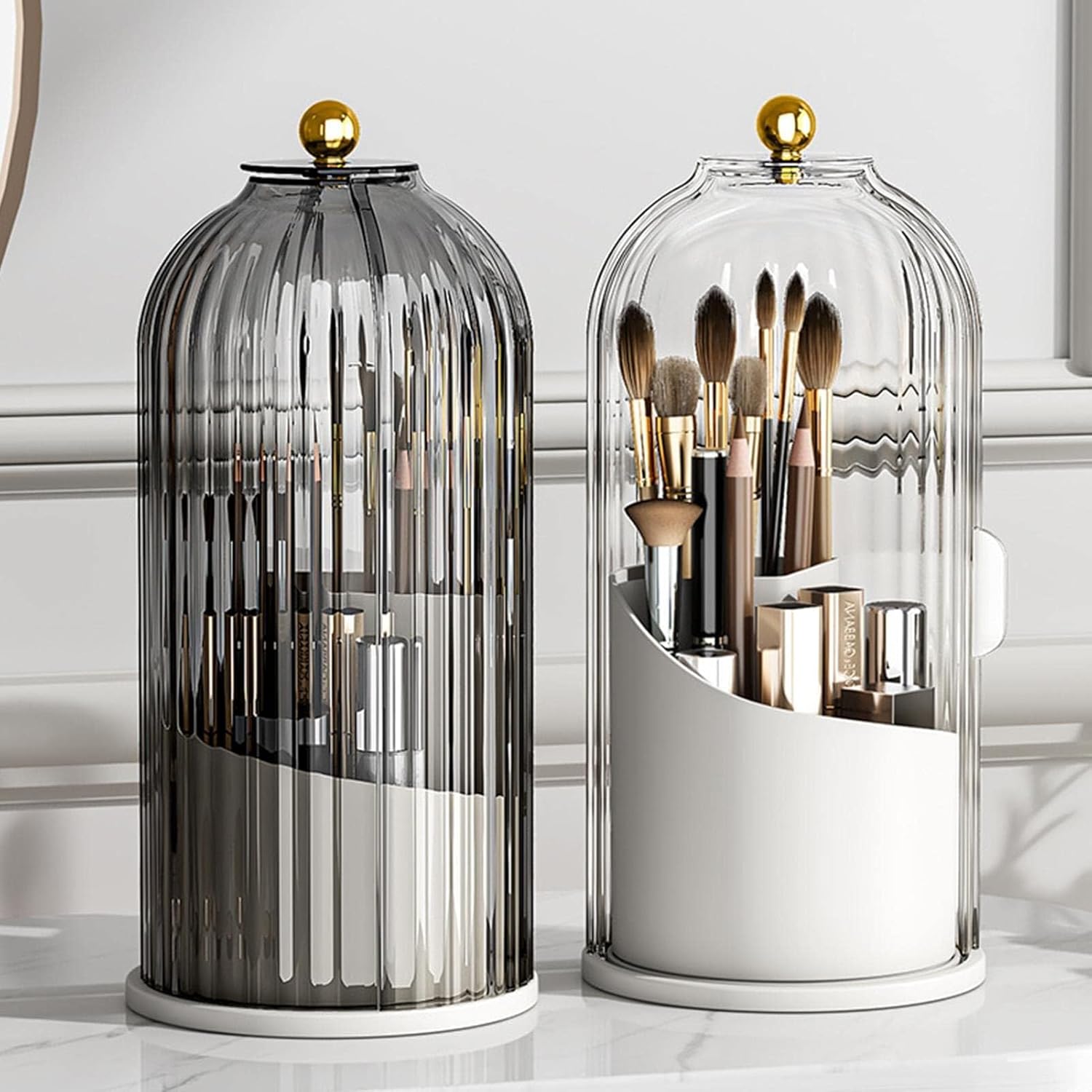DASHENRAN Soulona – Organizador de maquillaje, elegante organizador de maquillaje giratorio de 360, organizador de brochas de maquillaje con tapa,