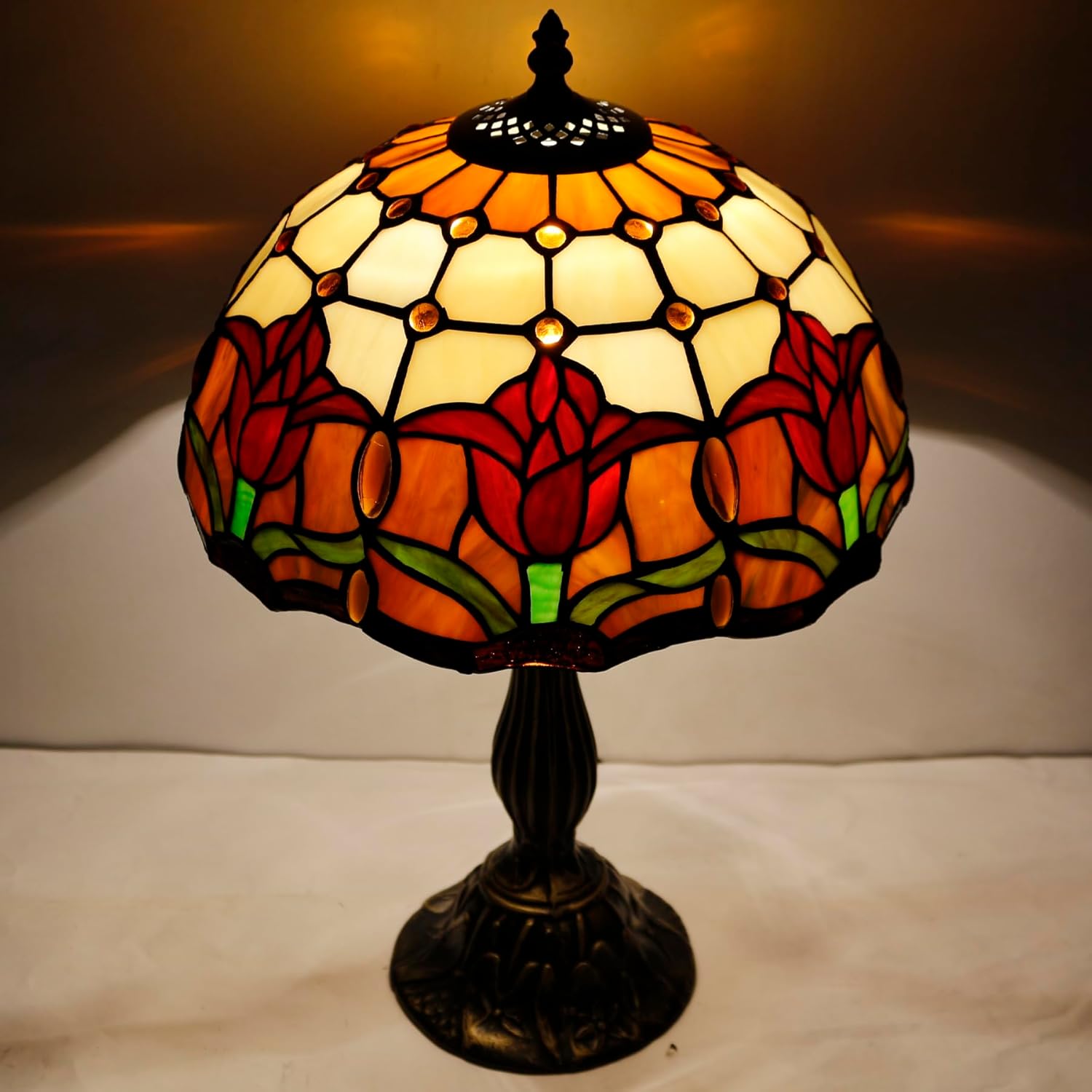 WERFACTORY Tiffany Lámpara de mesa estilo tulipán flor mesita de noche luz de escritorio 12 x 12 x 18 pulgadas decoración dormitorio sala de estar