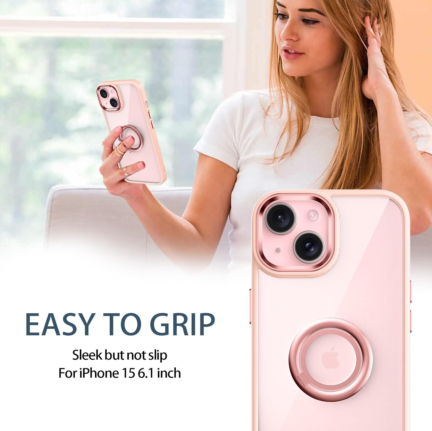 Lontect Funda para iPhone 15 con soporte de anillo, a prueba de golpes, ajuste delgado, resistente a los arañazos, transparente, carcasa protectora