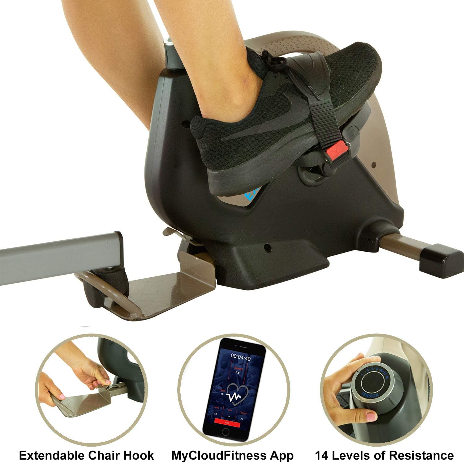 EXERPEUTIC Bicicleta estática Bluetooth para debajo del escritorio con gancho extensible para silla para todas las alturas de usuario y aplicación