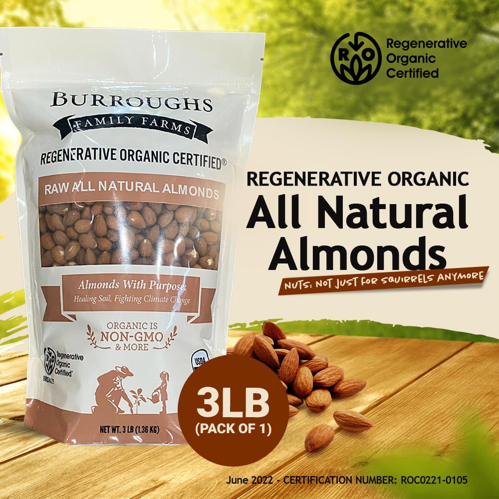 Burroughs Family Farms Almendras orgánicas regenerativas totalmente naturales, sin gluten, sin OMG, almendras paleo cetogénicas, delicias sin culpa