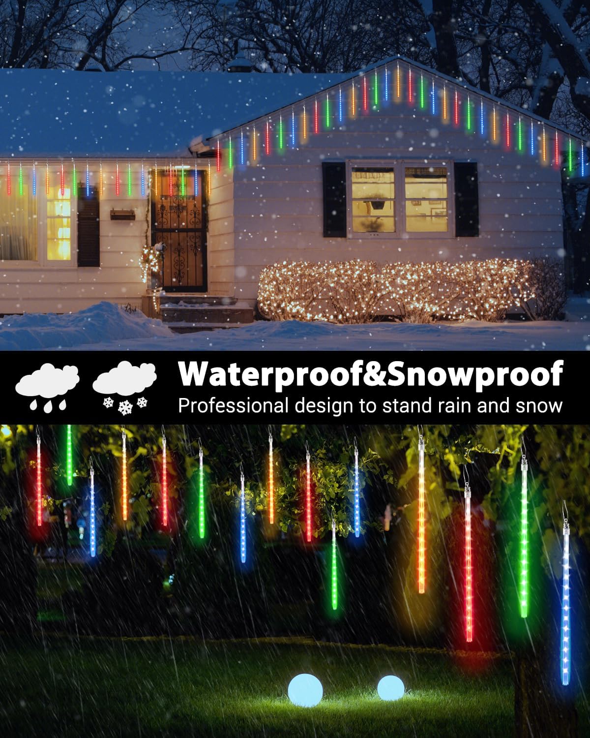 Luces de carámbano multicolor con 20 tubos de lluvia de meteoritos, 480 luces LED de gotas de lluvia con función de temporizador, luces en cascada,