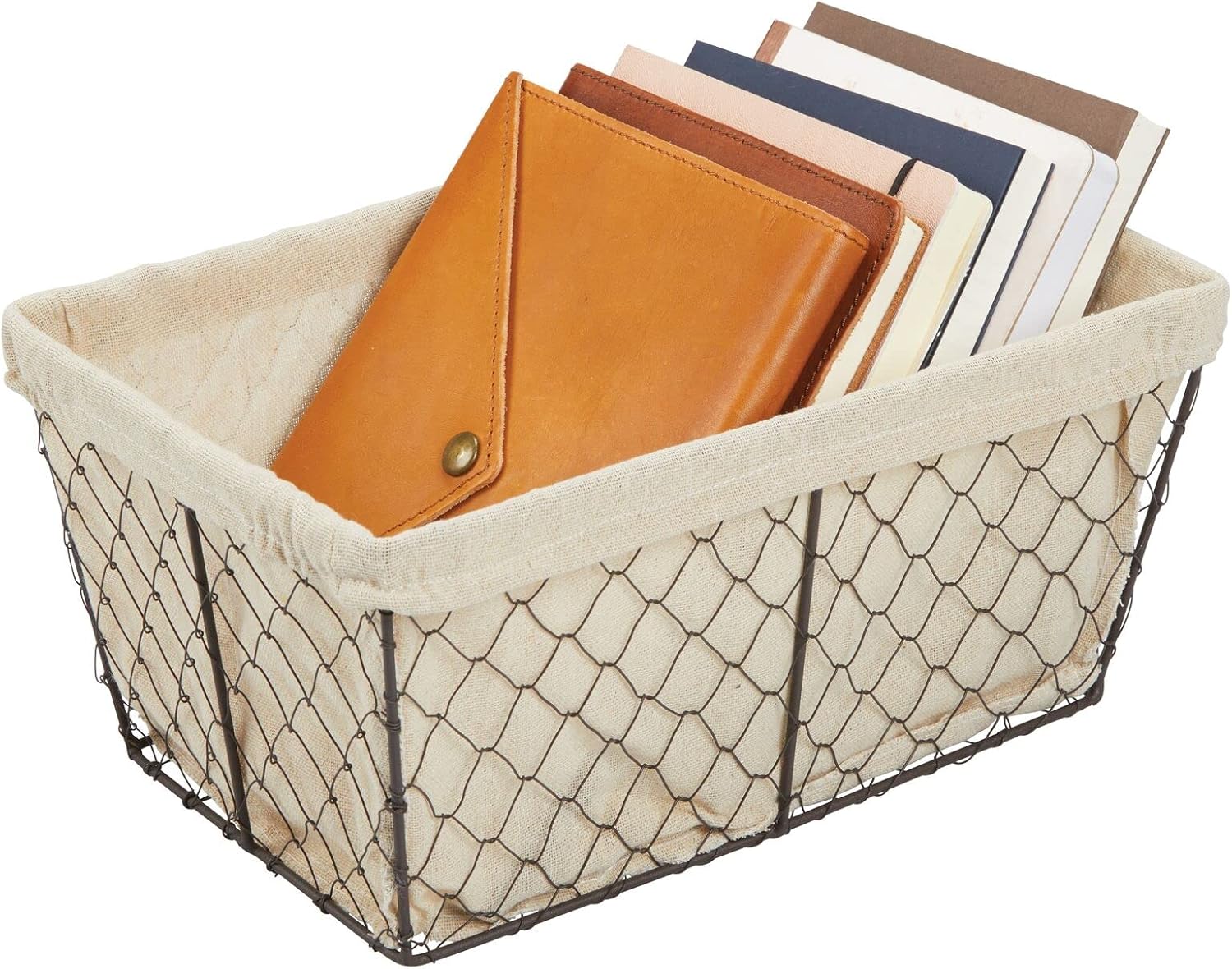 mDesign Cesta organizadora mediana de metal para el hogar, diseño de alambre de pollo, forro de tela para cocina, baño, sala de estar, despensa,