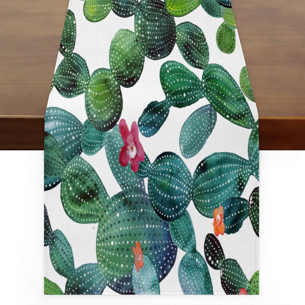 Table Runner Tropical Cactus Pattern, Rustic Linen Table Cloth, Kitchen Dining Table Decoration for Home Party Decor 13 x 48 Inches