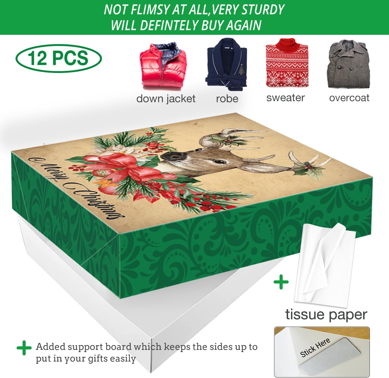 12 cajas de regalo de Navidad extra grandes a granel con tapas, 12 papel de seda y 80 calcomanías de regalo de Navidad para envolver ropa de gran