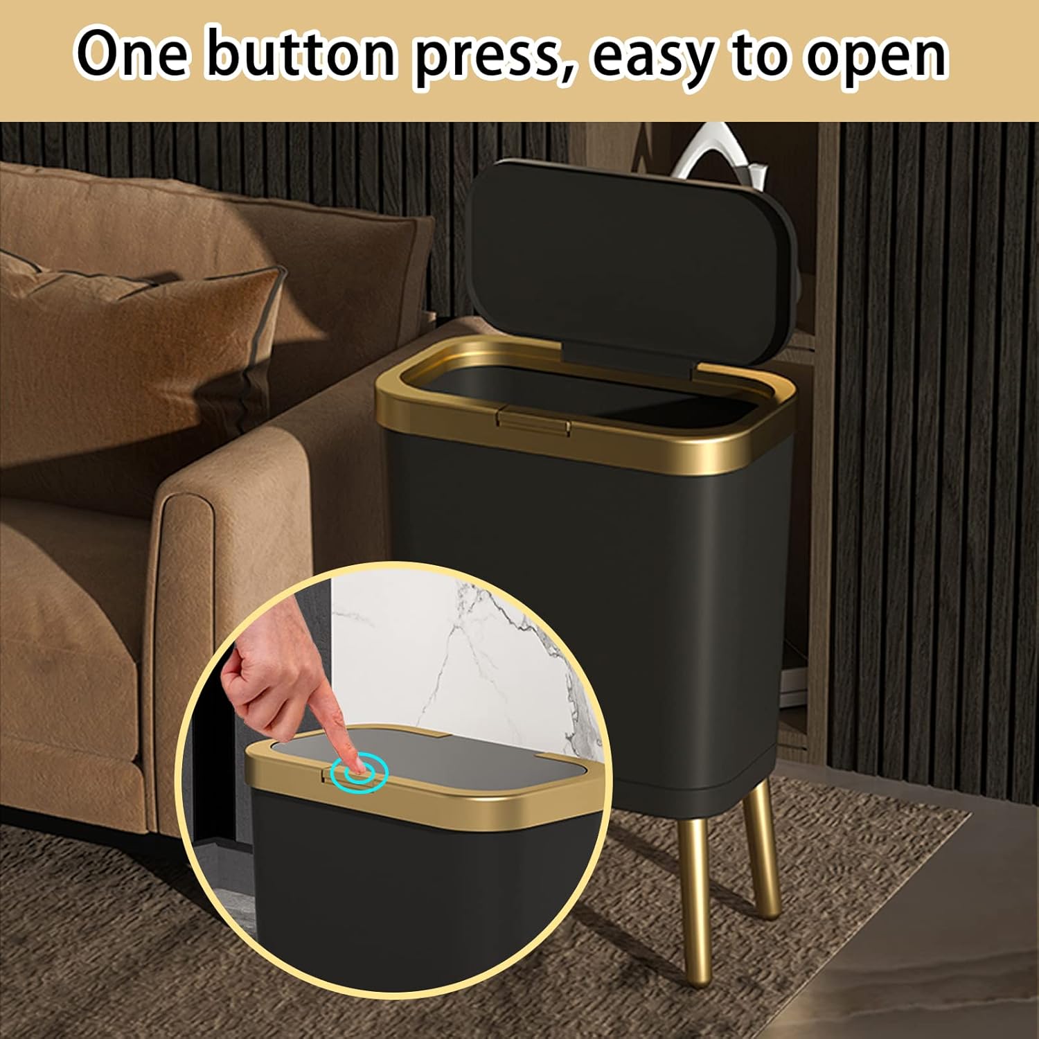 URALFA Basurero de cocina con tapa, bote de basura delgado negro con borde dorado, moderno cubo de basura de plástico para dormitorio, sala de