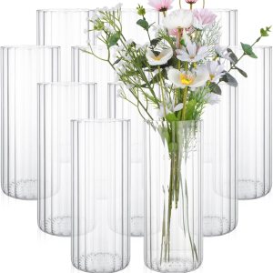 12 jarrones cilíndricos de vidrio acanalado para centros de mesa, jarrones transparentes de 4 x 10 pulgadas para centros de mesa, moderno portavelas 12 jarrones cilíndricos de vidrio acanalado para centros de mesa, jarrones transparentes de 4 x 10 pulgadas para centros de mesa, moderno portavelas
