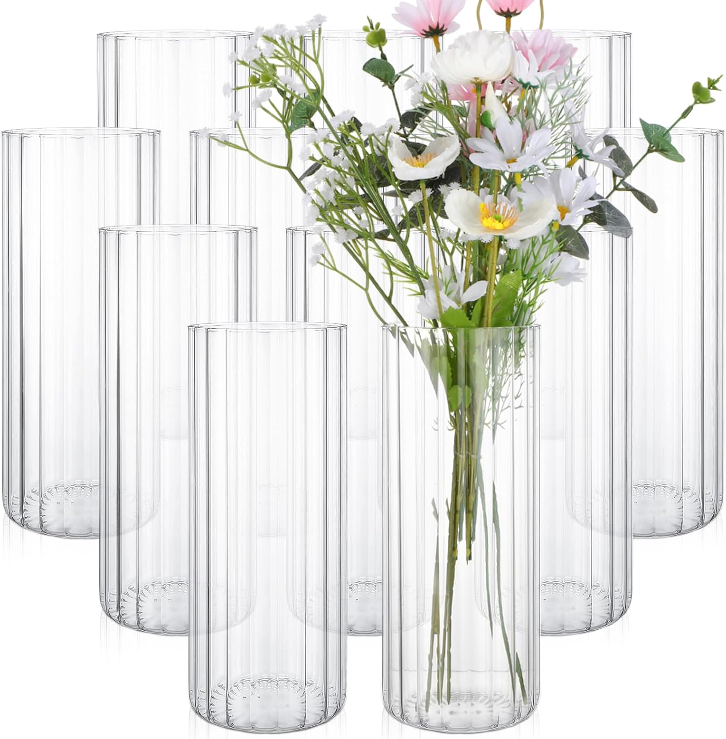 12 jarrones cilíndricos de vidrio acanalado para centros de mesa, jarrones transparentes de 4 x 10 pulgadas para centros de mesa, moderno portavelas