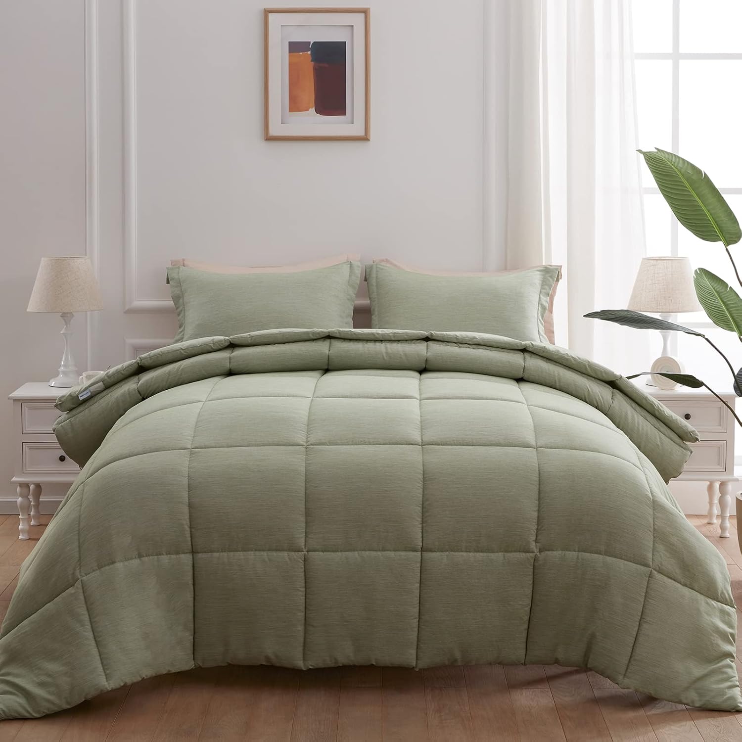 NexHome Juego de edredón Queen de 3 piezas, 100% microfibra lavada suave, ligero, edredón de ropa de cama de teñido catiónico verde con 2 fundas de
