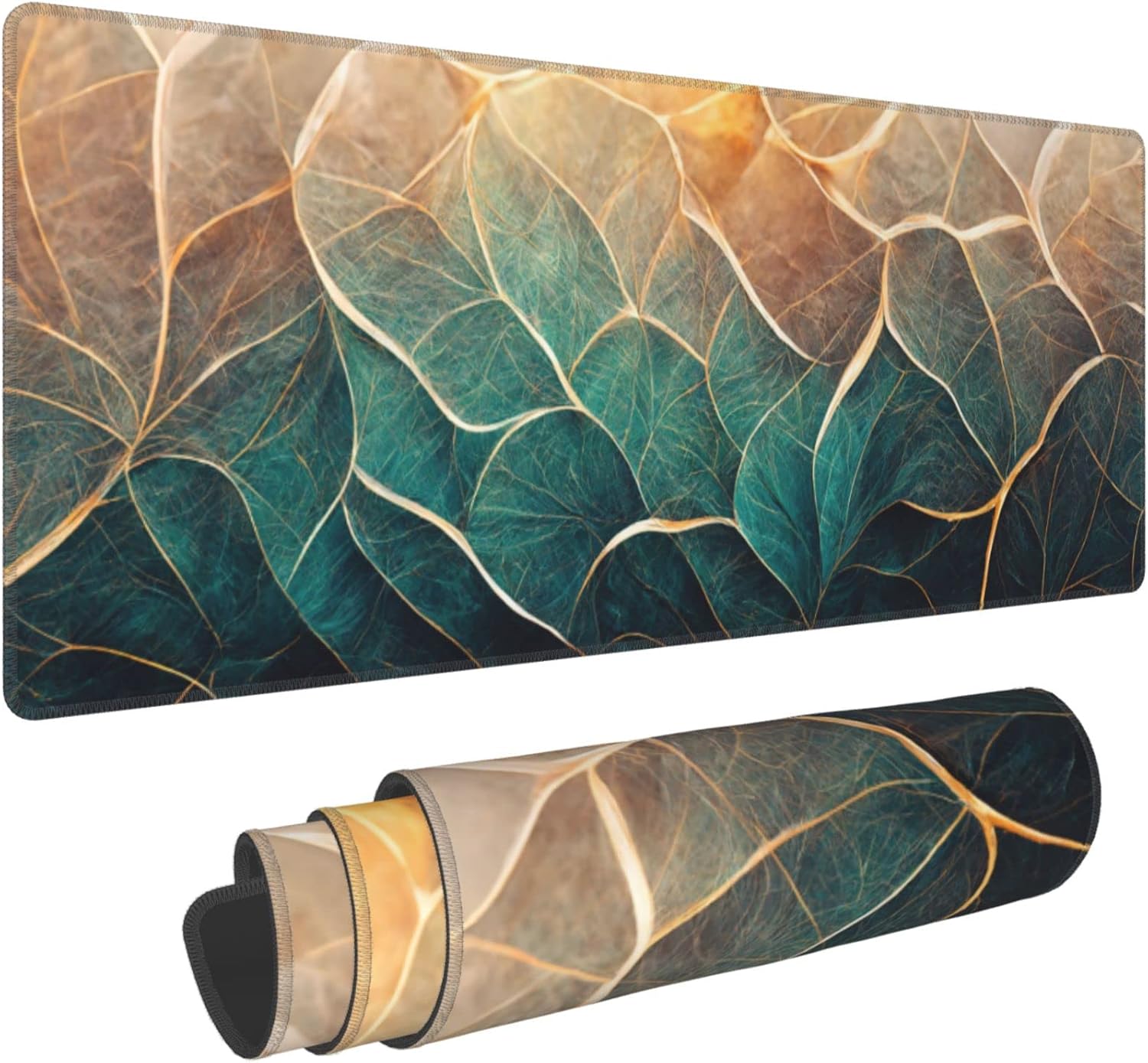 Alfombrilla de mouse grande extendida de mármol floral azul dorado abstracto grande, XL, alfombrilla de mouse para juegos, 31.5 x 11.8 pulgadas de