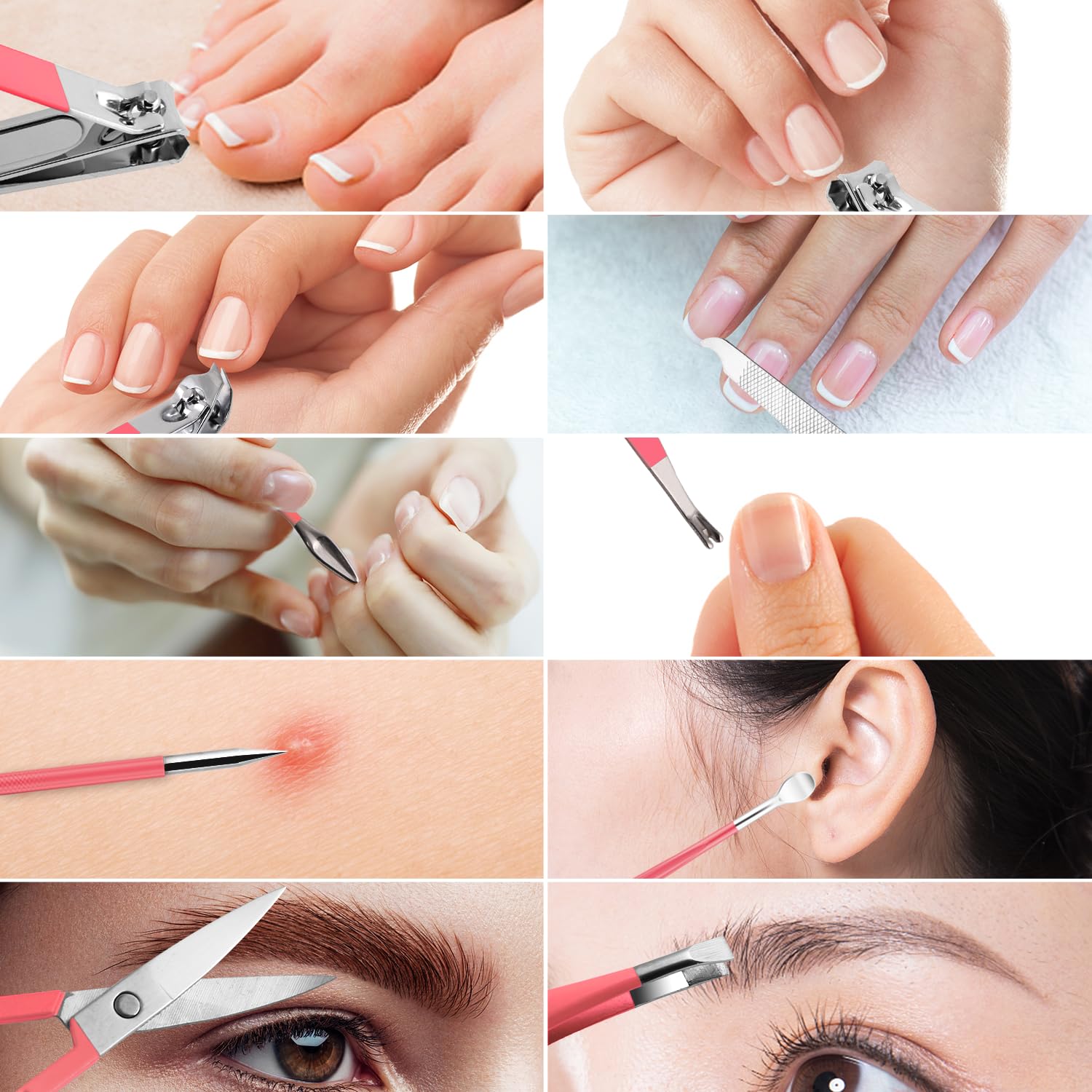 Juego de manicura, mini cortaúñas de viaje, herramientas de cuidado de pedicura, 10 piezas de acero inoxidable (rosa Sakura)
