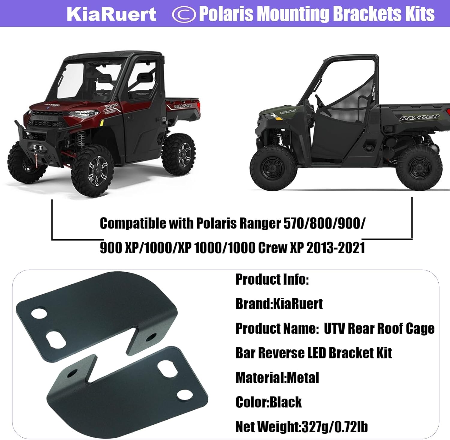 Kit de soporte LED de barra de techo trasero UTV compatible con Polaris Ranger 2013-2021 de tamaño completo (soportes de montaje)