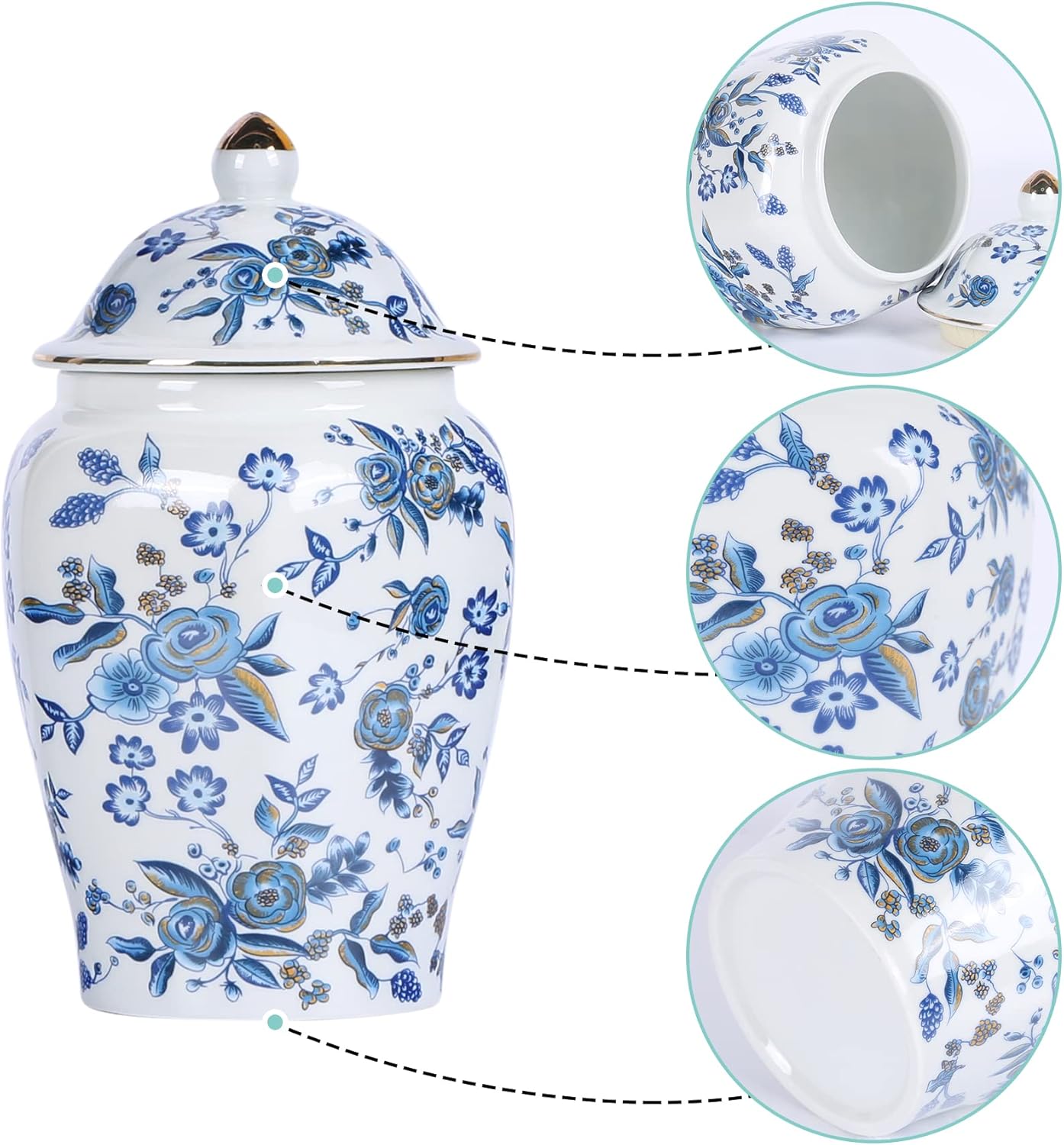 XINGYAN Chinoiserie – Juego de 2 tarros de jengibre, porcelana china azul y blanca, tarro de almacenamiento decorativo para el hogar con tapa (juego