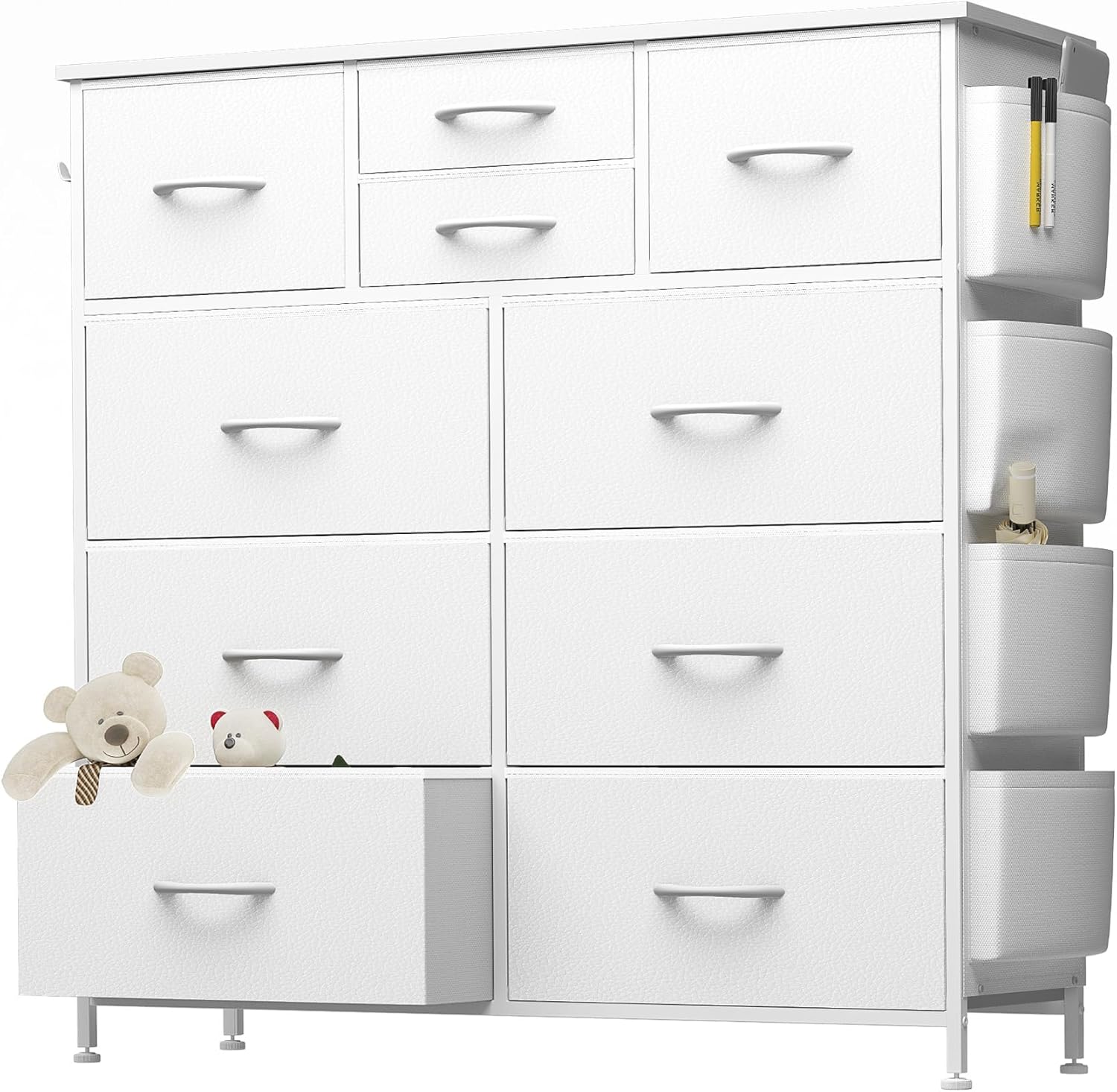 Cómoda de 10 cajones, cómoda para dormitorio, cómoda de poliuretano con bolsillos laterales, ganchos, parte superior de madera y marco de metal