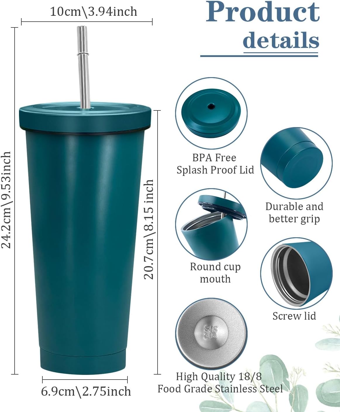 Vaso de 25 onzas con tapa y pajilla, vaso de acero inoxidable aislado al vacío, taza de café reutilizable con aislamiento al vacío, taza de café con