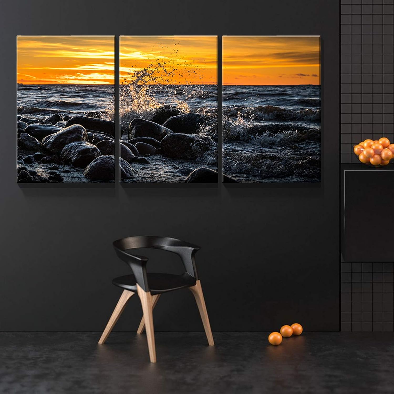 Denozer – 3 paneles de impresiones artísticas en lienzo – Mar y piedras en la puesta de sol – Cuadro moderno sobre lienzo estirado y enmarcado para