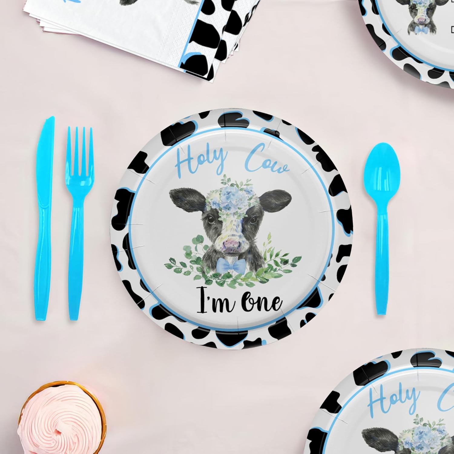 Holy Cow – Decoraciones de cumpleaños con texto en inglés “I’m One”, suministros para fiesta de primer cumpleaños con estampado de vaca, platos,