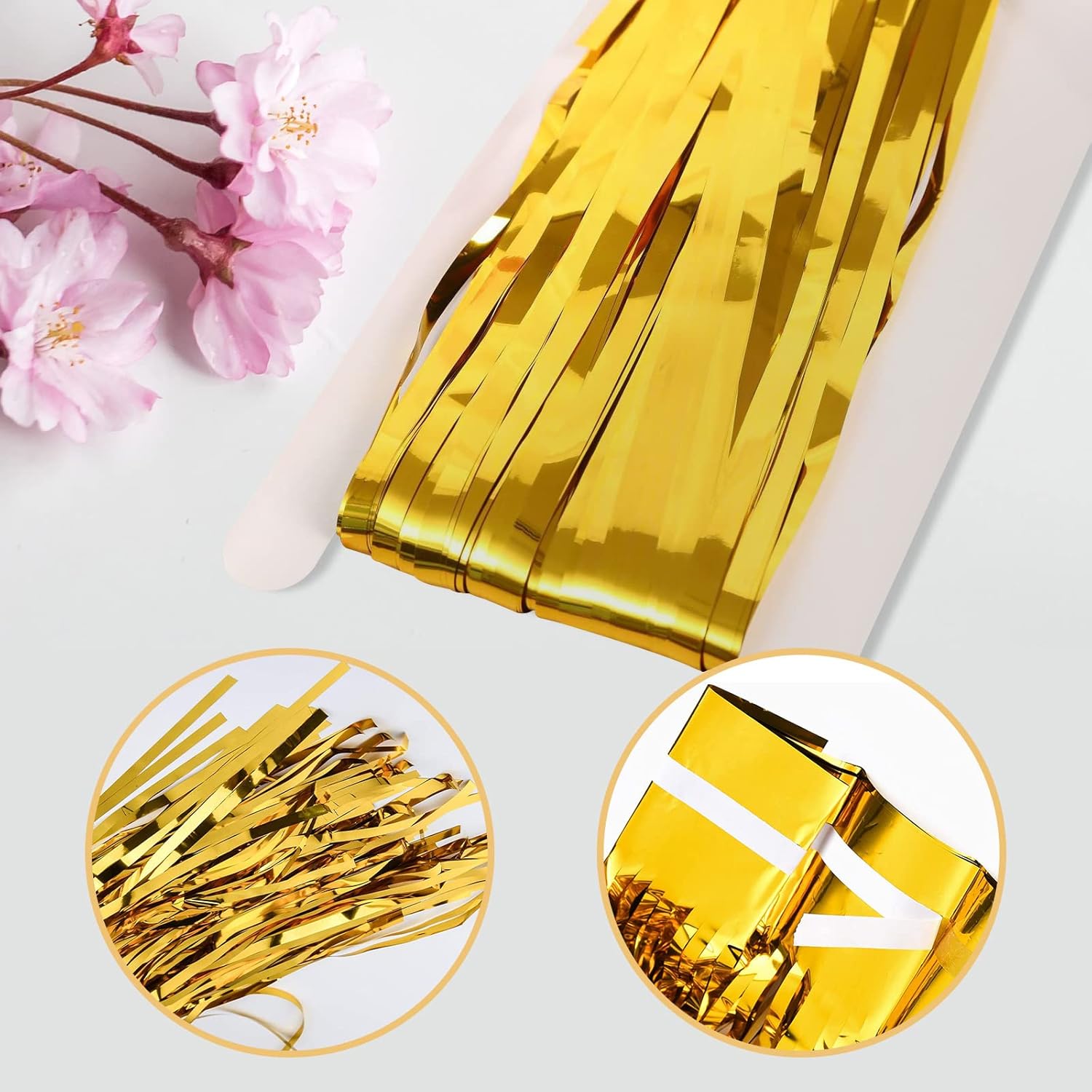 Paquete de 20 cortinas de papel de aluminio dorado de 3.2 x 8.2 pies, cortinas de telón de fondo de flecos de papel de aluminio de oropel metálico,