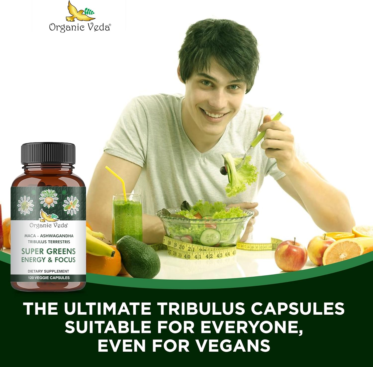 Organic Veda Ashwagandha – Cápsulas de raíz de maca para hombres  Super Greens Energy and Focus with Tribulus Terrestris, fenogreco  Potenciador de
