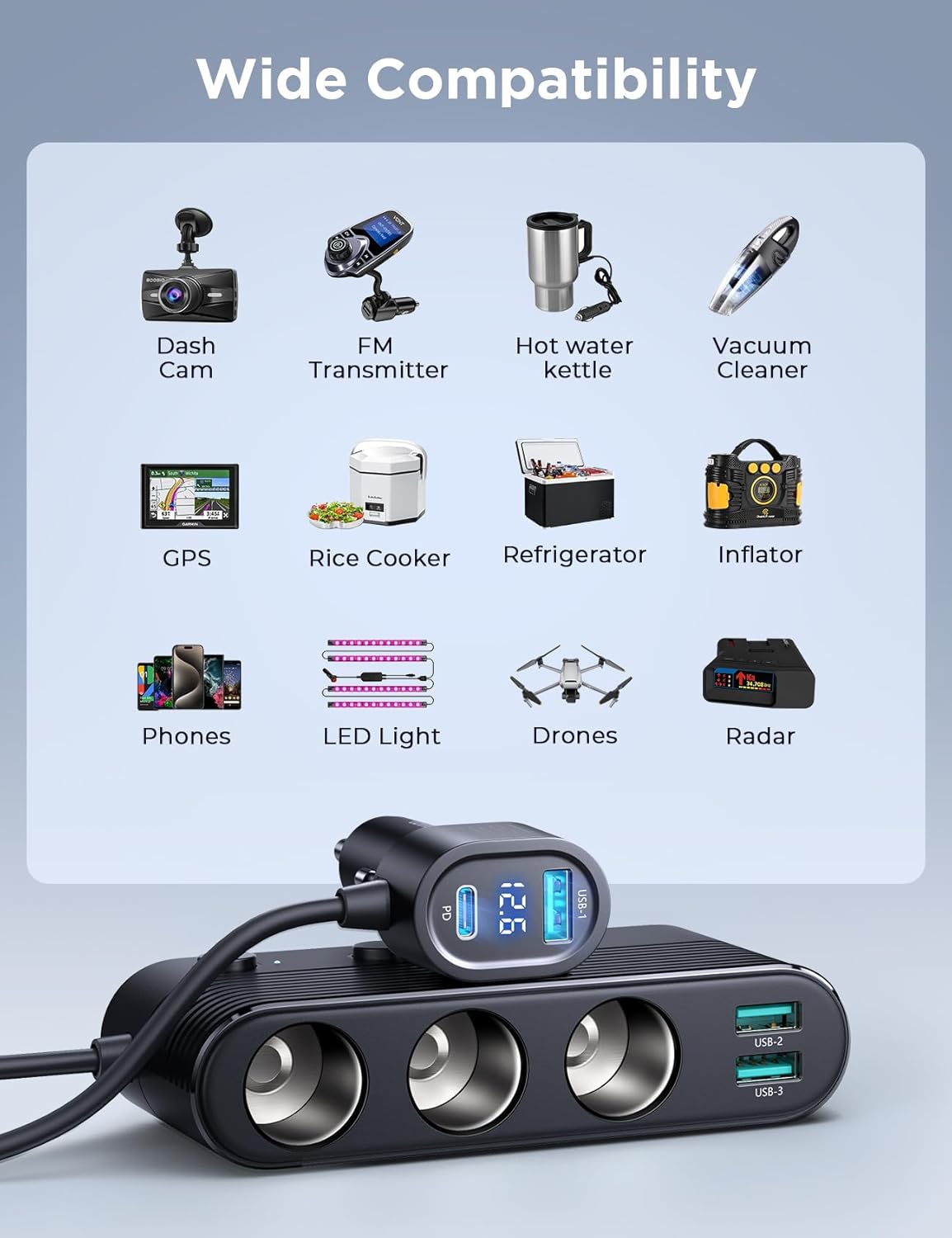 JOYROOM – Divisor de encendedor de cigarrillos 7 en 1, adaptador de cargador de coche de 139 W con carga PD30W (cable de 3.3 pies), adaptador