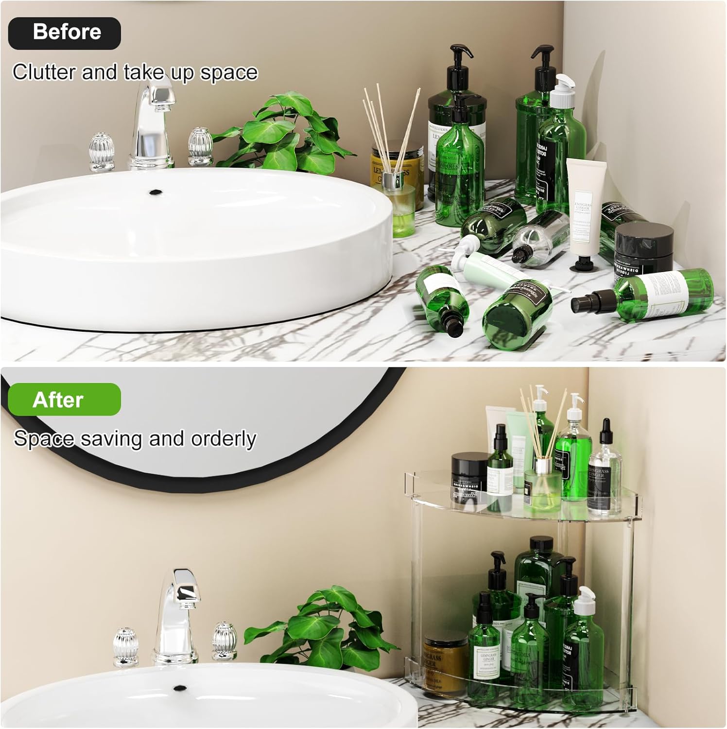 Organizador de encimera de baño de 2 niveles, organizador de esquina de encimera de baño acrílico, estante de almacenamiento transparente, bandejas