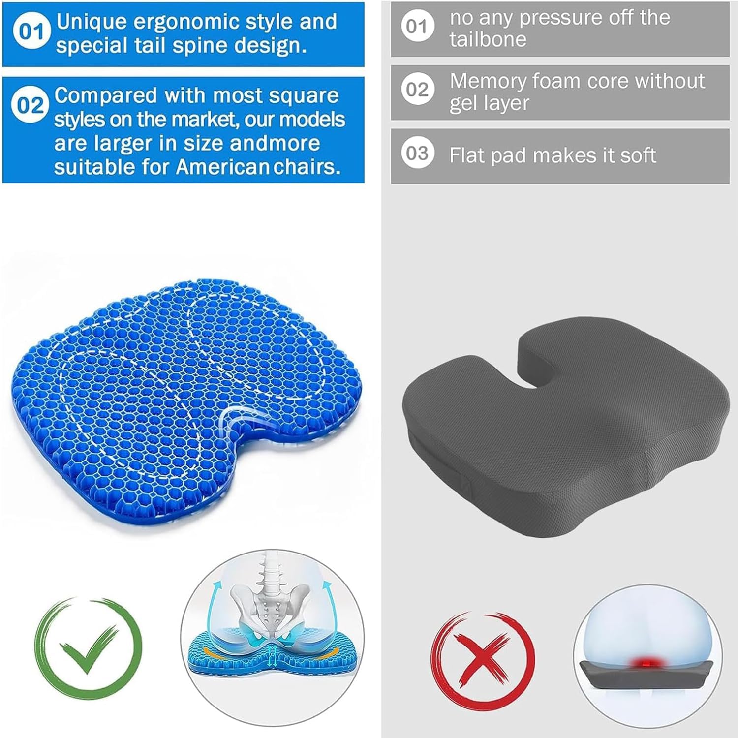 Cojín de gel para asiento de coche, cojín de gel transpirable en forma de U para sentarse durante mucho tiempo, cojín para silla de oficina, cojín