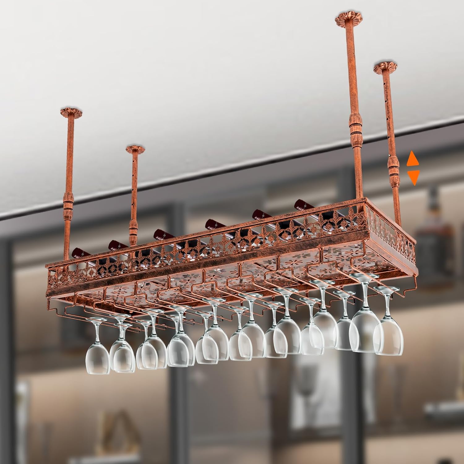 Estante de techo para copas de vino, 35.5 x 14 pulgadas, estante colgante para vino con soporte para vidrio y estante, barra de techo de metal
