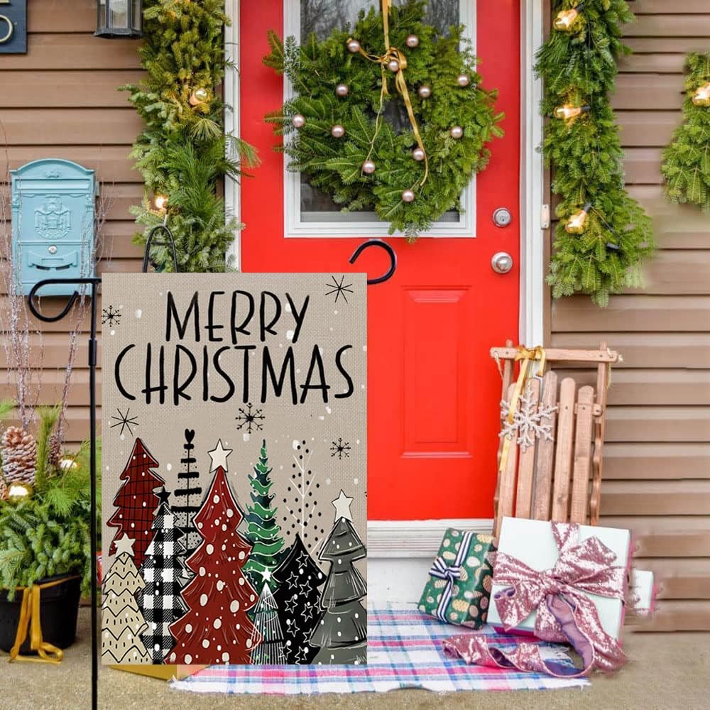 Bandera de jardín de Navidad, banderas de jardín de Navidad de 12 x 18 pulgadas de doble cara para exterior, tema de árbol de Navidad, pequeña