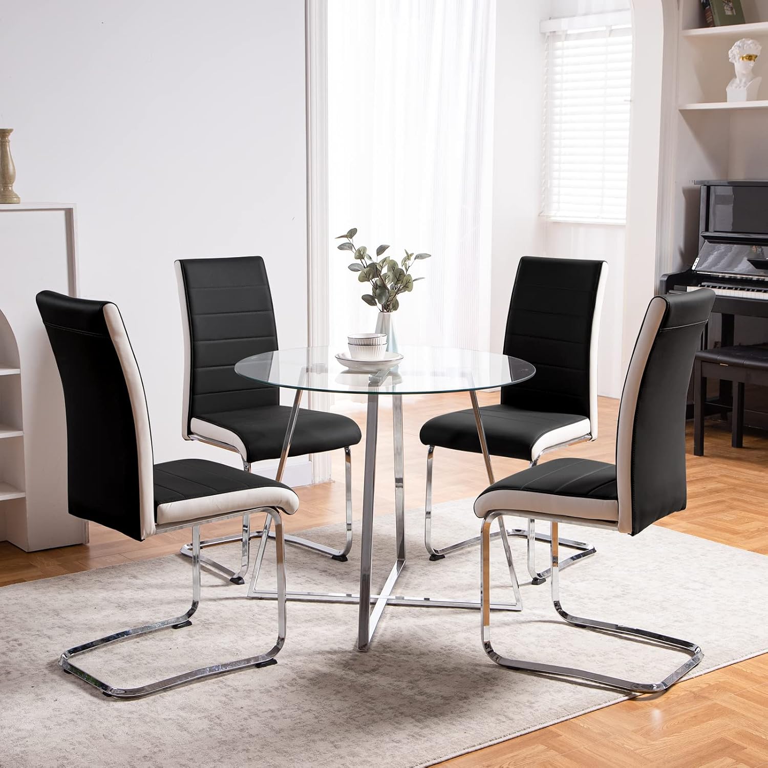SICOTAS Mesa de comedor redonda de vidrio con patas cromadas, mesa de cocina moderna para 2 o 4 personas, mesa de comedor circular con base de metal