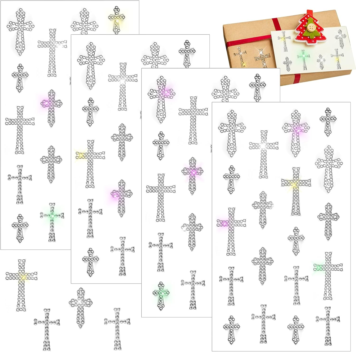 4 hojas de calcomanías de cruz con purpurina plateada, calcomanías de cruz de diamantes de imitación autoadhesivas para Pascua, cristiano, Jesús,