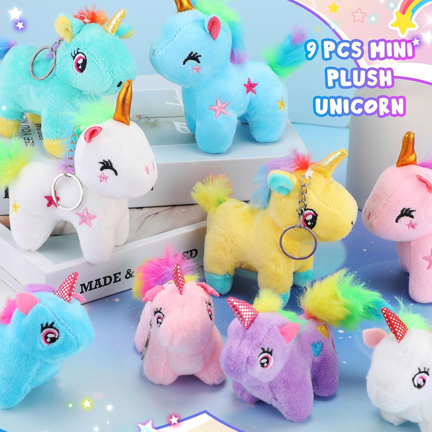 Sosation 9 piezas de animales de peluche de unicornio a granel, regalos de unicornios, regalos de unicornio suave, llavero de juguete para rellenos