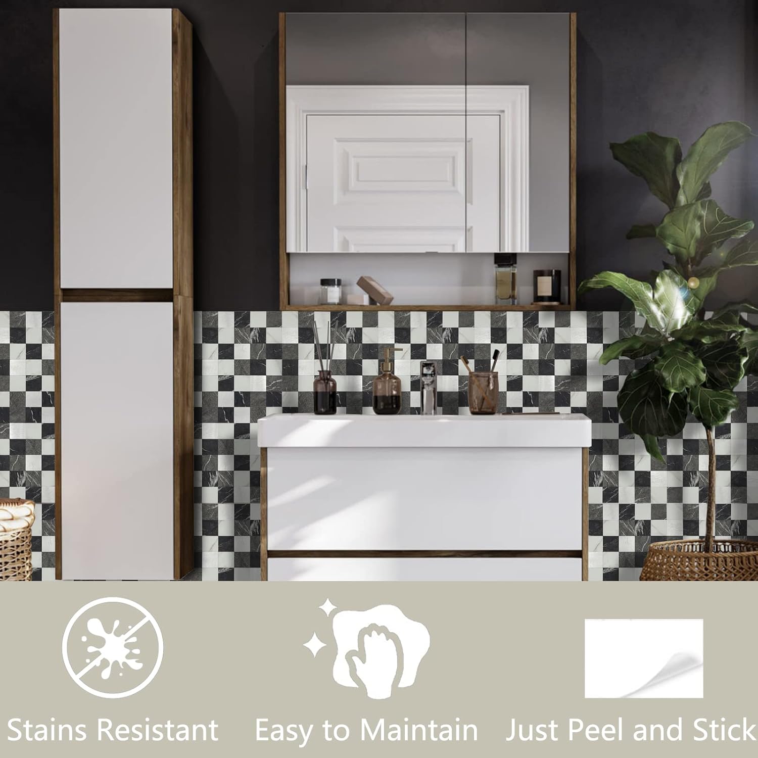 Crystiles Medley – Azulejos de PVC y aluminio de 12 x 12 pulgadas, para despegar y pegar, mármol negro y metal cepillado, paquete de 12 unidades