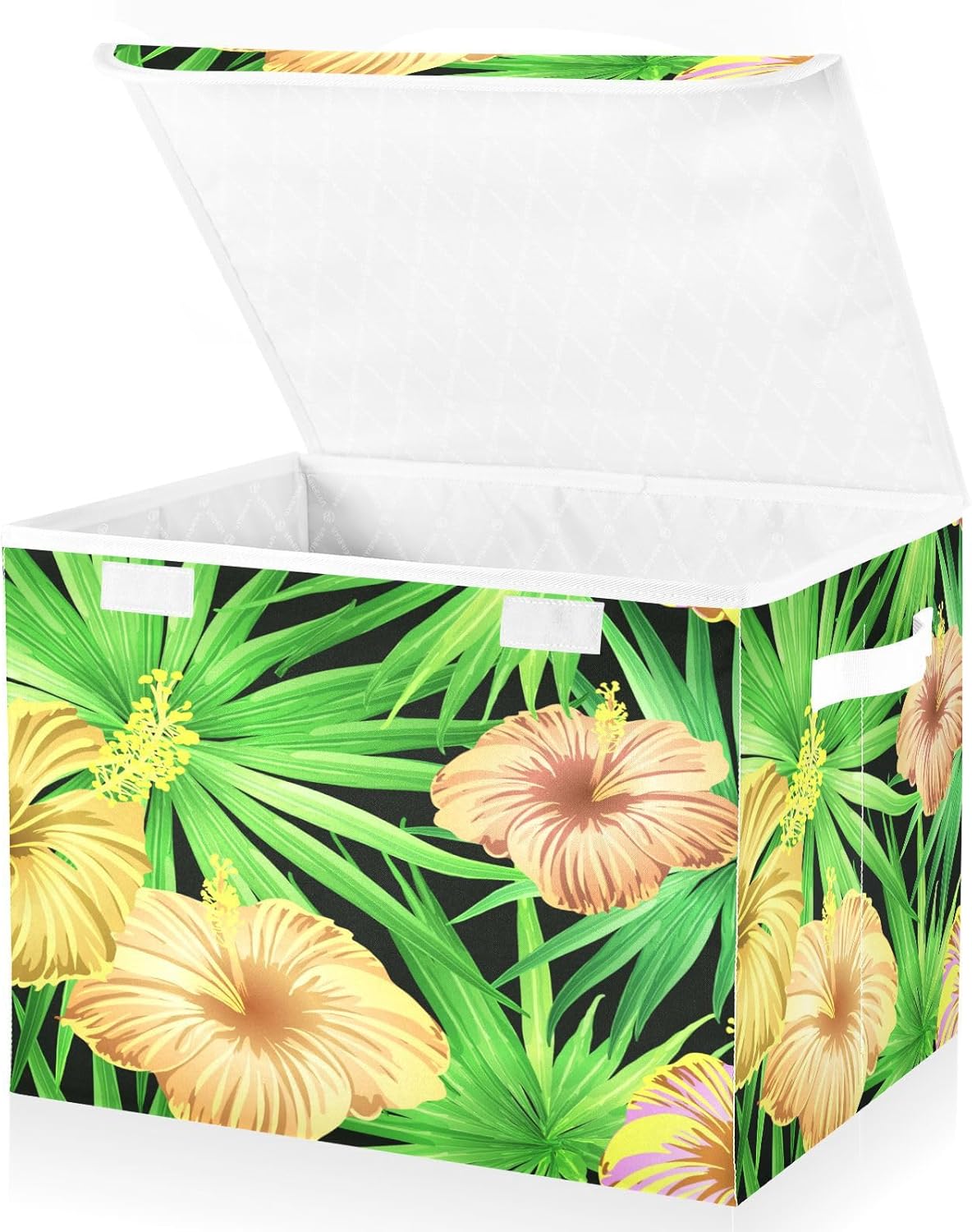 Cubos de almacenamiento plegables grandes de hojas y flores de hibisco con tapas decorativas con asas, cesta de almacenamiento de tela, cubos para